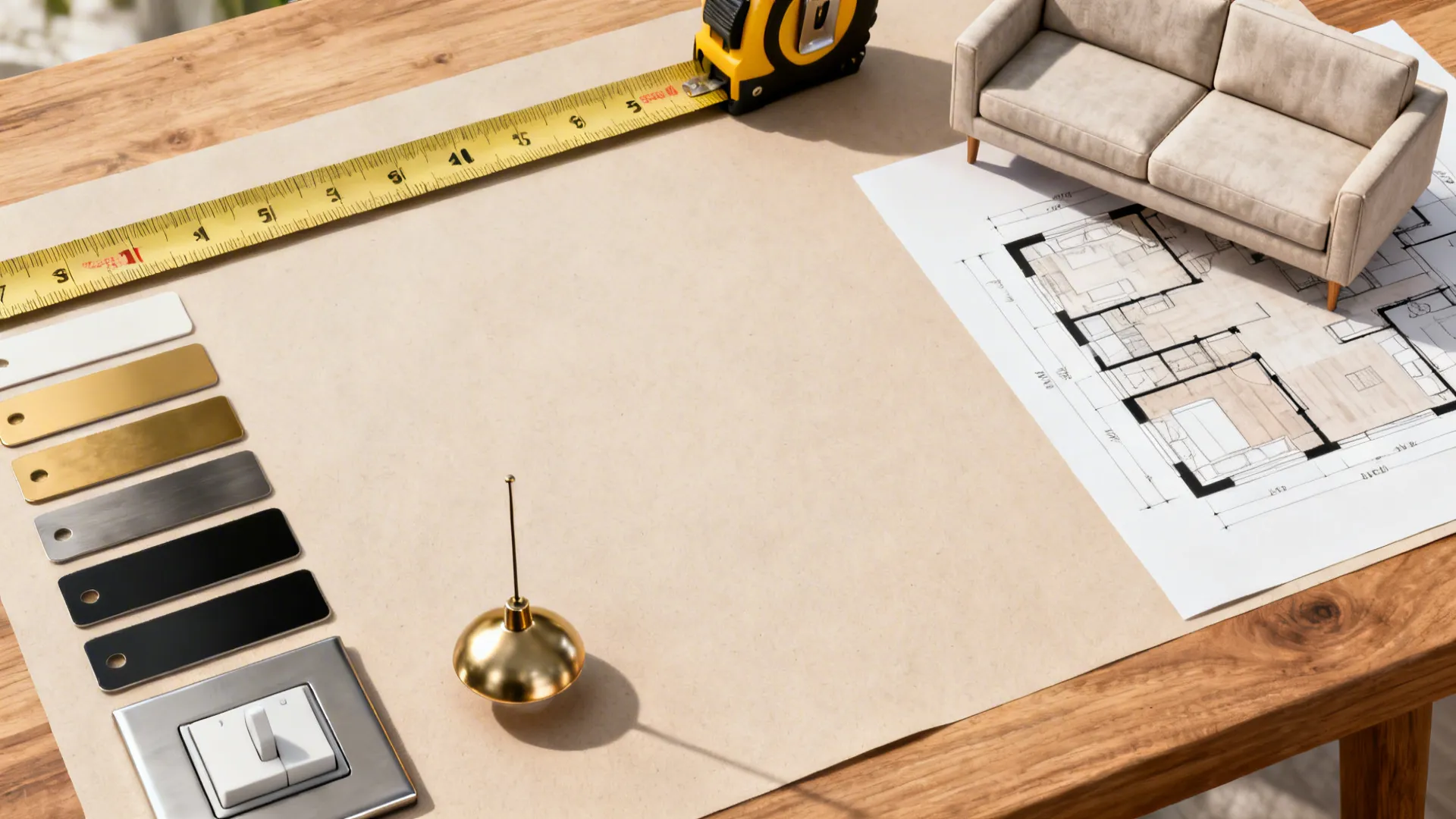 Top-down flatlay of lighting planning items: measuring tape, finish swatches, dimmer, and floor plan.