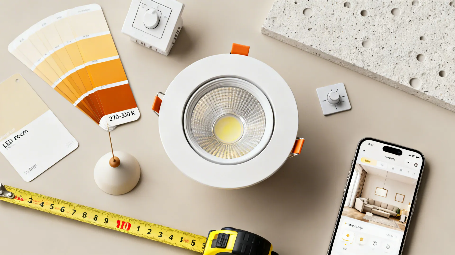Flatlay of warm LED swatches, dimmer, pendant sample and room planner on a phone.