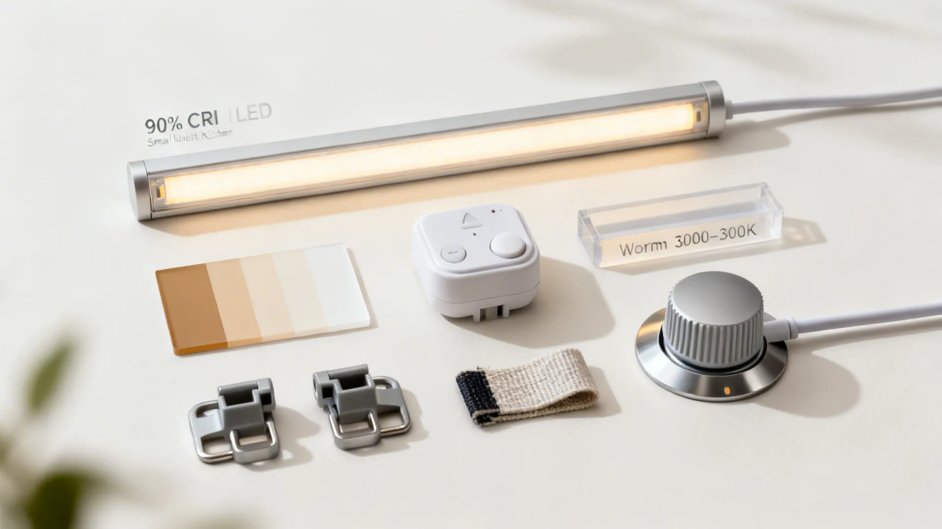 Top-down view of LED strip, diffuser channel, motion sensor, dimmer, and clips for cabinet lighting.