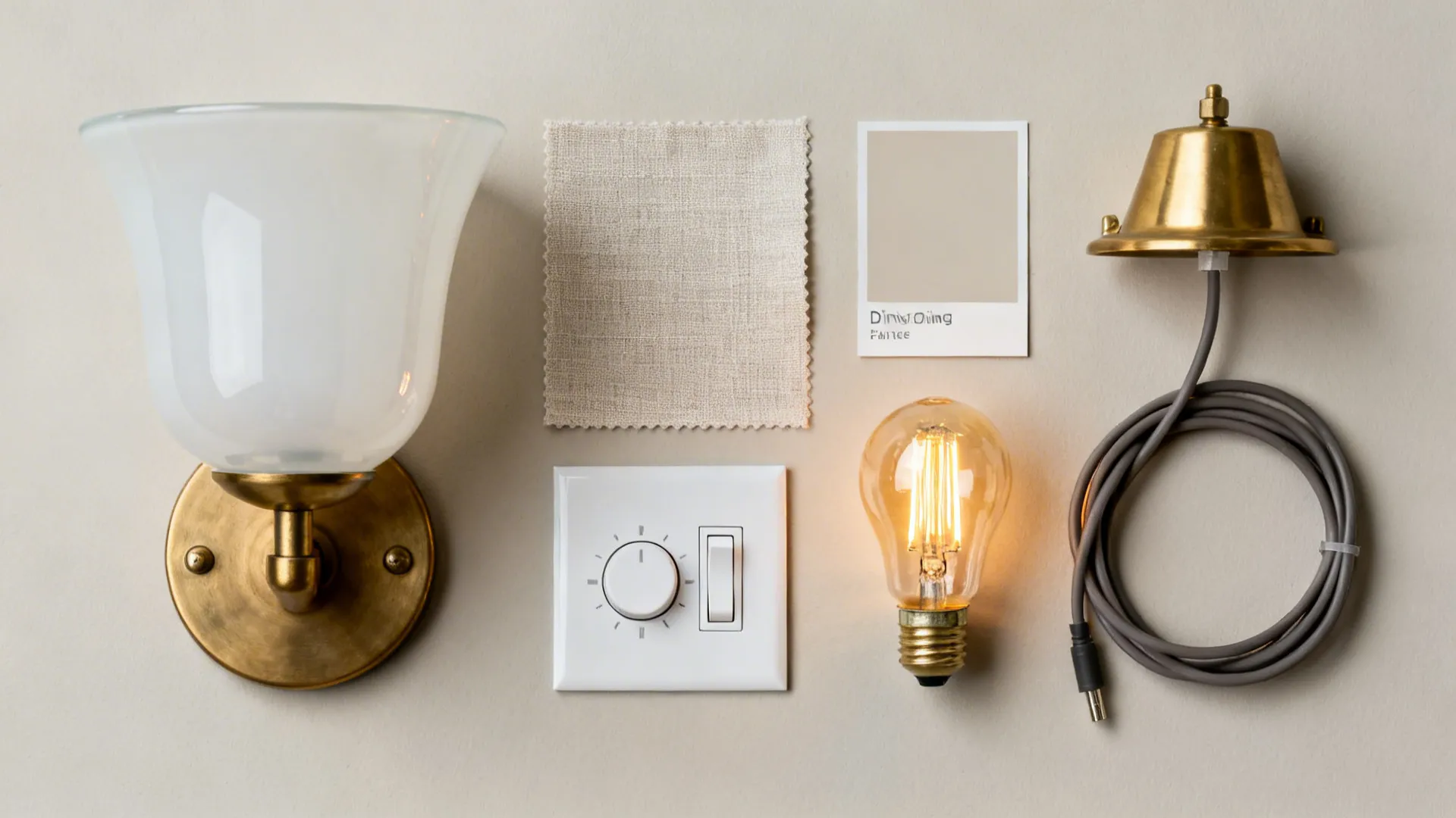 Flat lay arrangement of wall light fabric swatch paint sample dimmer switch and light bulb