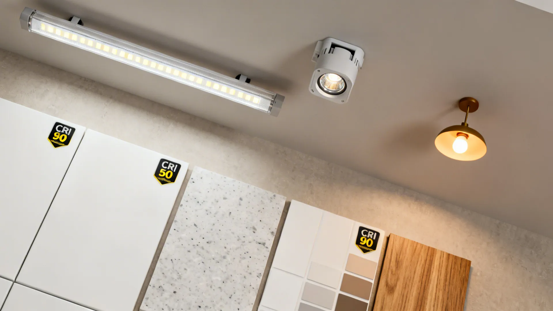 Flat lay of LED strip, spotlight, small pendant and material swatches for a small kitchen.