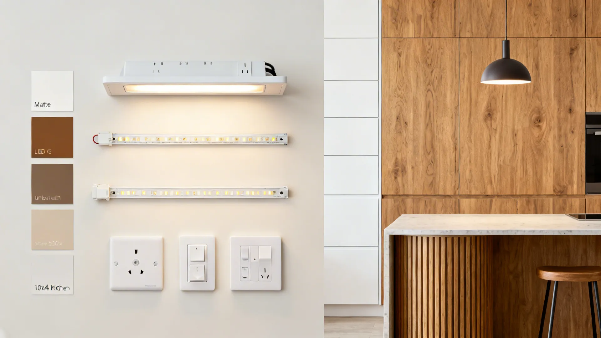 Flat lay of layered kitchen lighting: recessed, under-cabinet LEDs, small pendants, and dimmers.