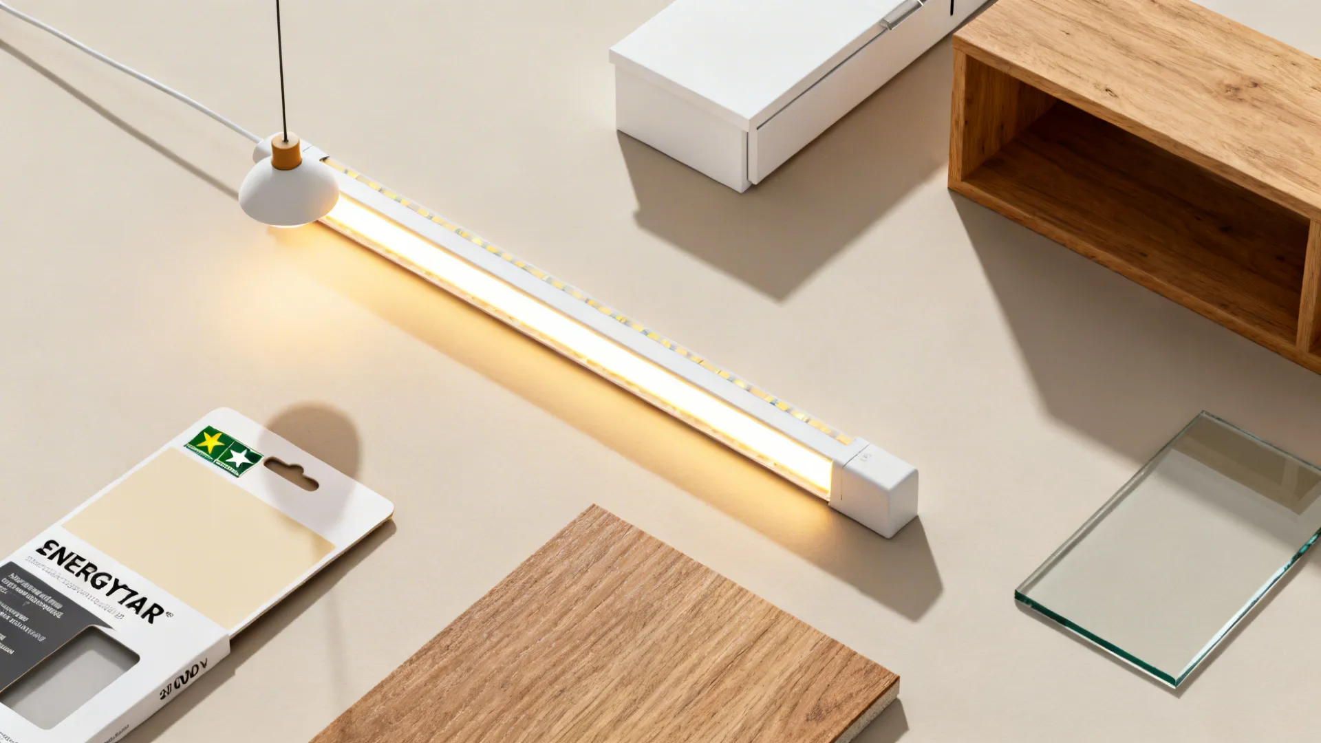 Top-down flat lay of warm LED strip, diffuser channel, pendant shade, and neutral kitchen finish samples.