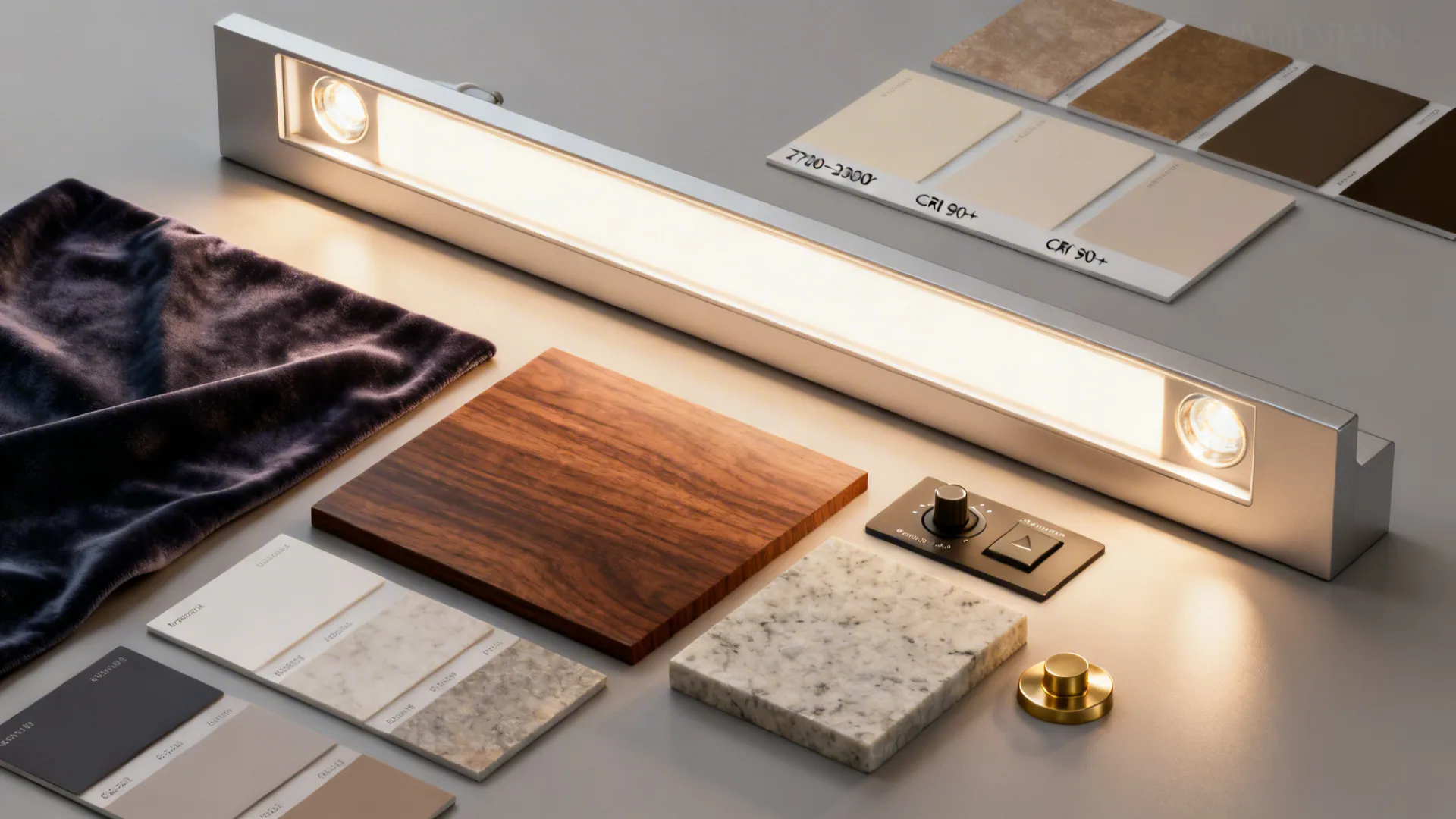 Flat lay of low-glare linear and recessed lights with warm LED tones plus velvet, walnut, stone, and brass swatches.