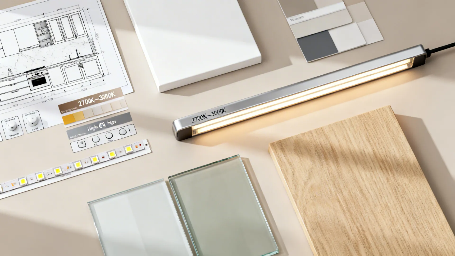 Flat lay of LED strips, dimmers, slim fixtures, and material swatches for layered kitchen lighting.