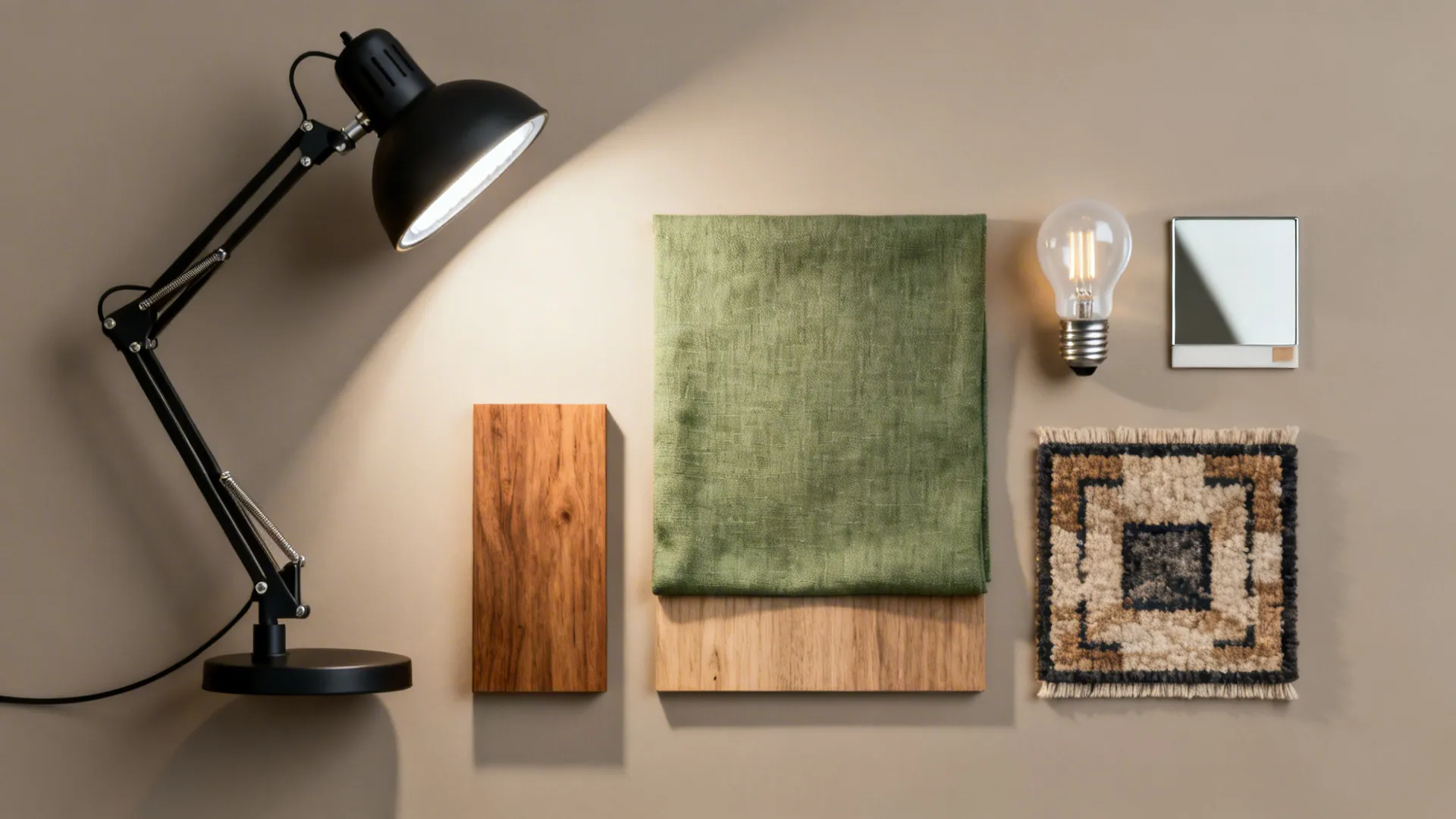 Top-down flatlay of lighting and material samples for a small office design.