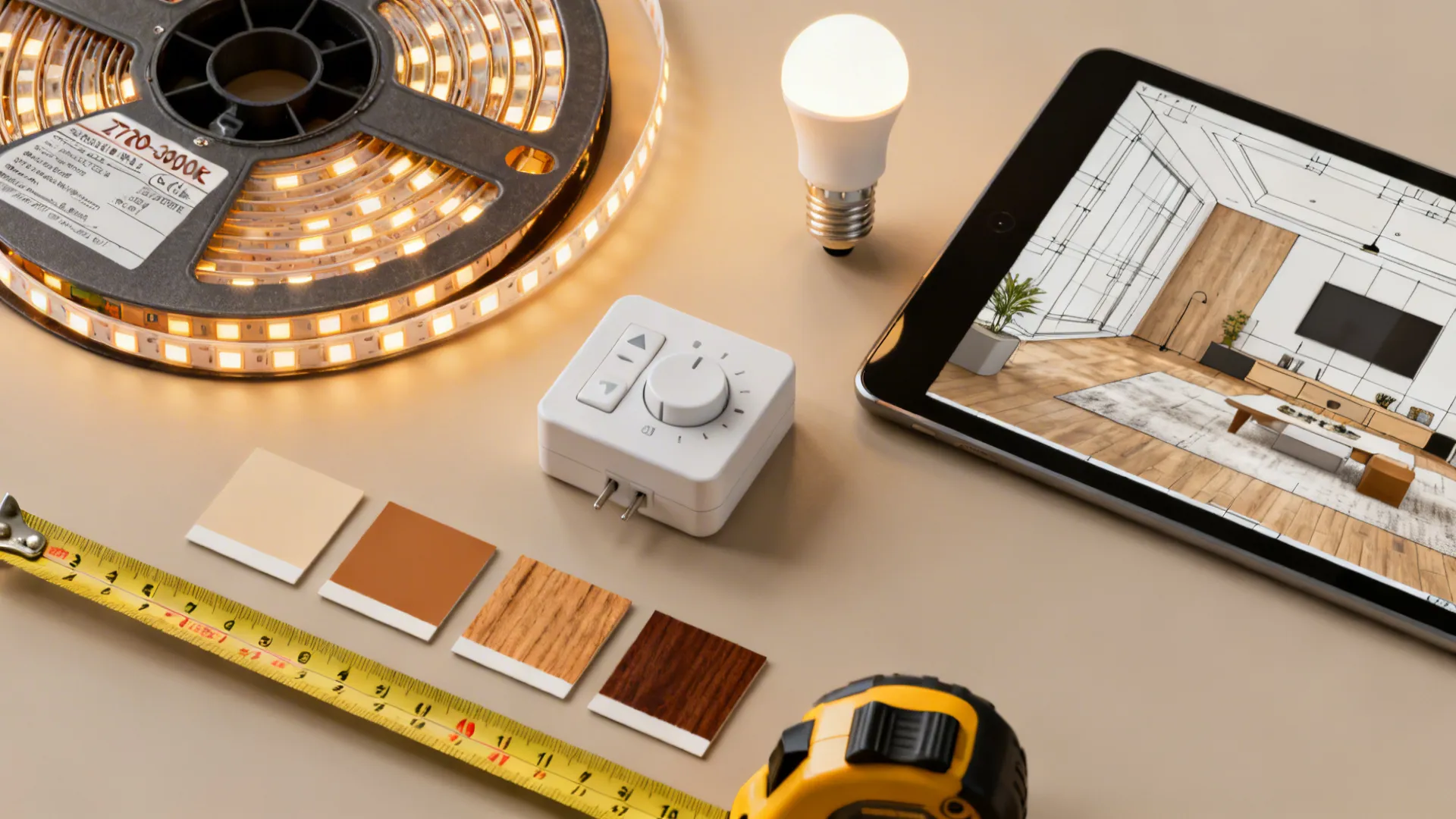 Flatlay of LED strips, high-CRI bulb, dimmer, swatches and a tablet showing a lighting plan