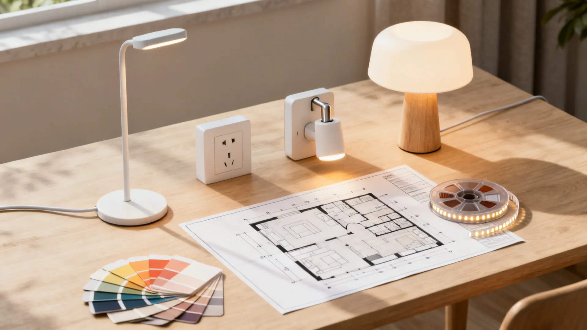Flatlay of budget portable lighting options and a room planner layout for zoning and placement.