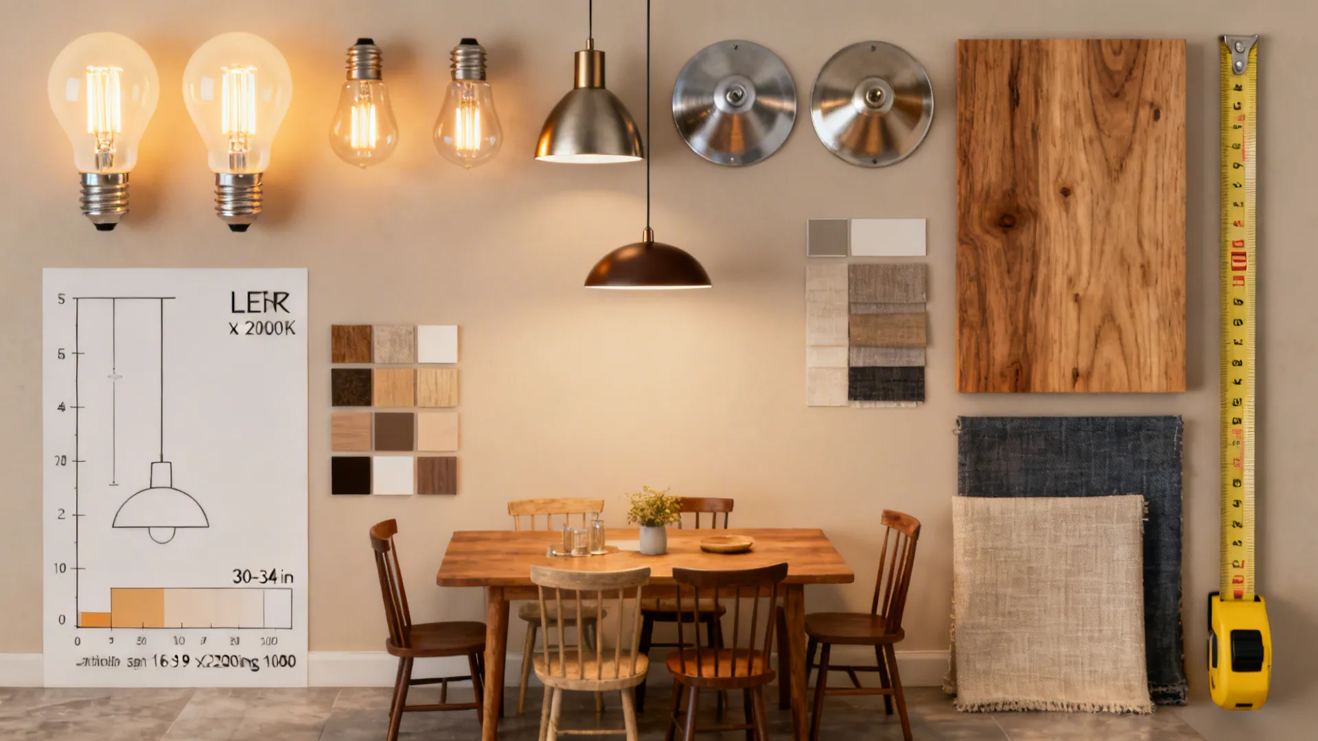 Top-down flatlay of lighting materials, bulb temperature samples, finishes, and a scale guideline for pendant height