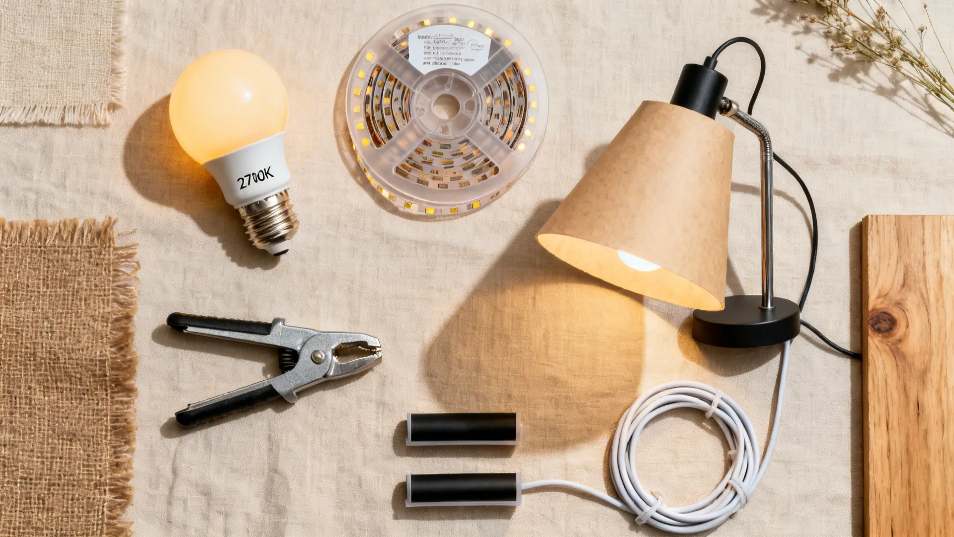 Top-down flat lay of warm bulbs, LED strip, clamp lamp, paper shade, and cord organizers on neutral fabric.