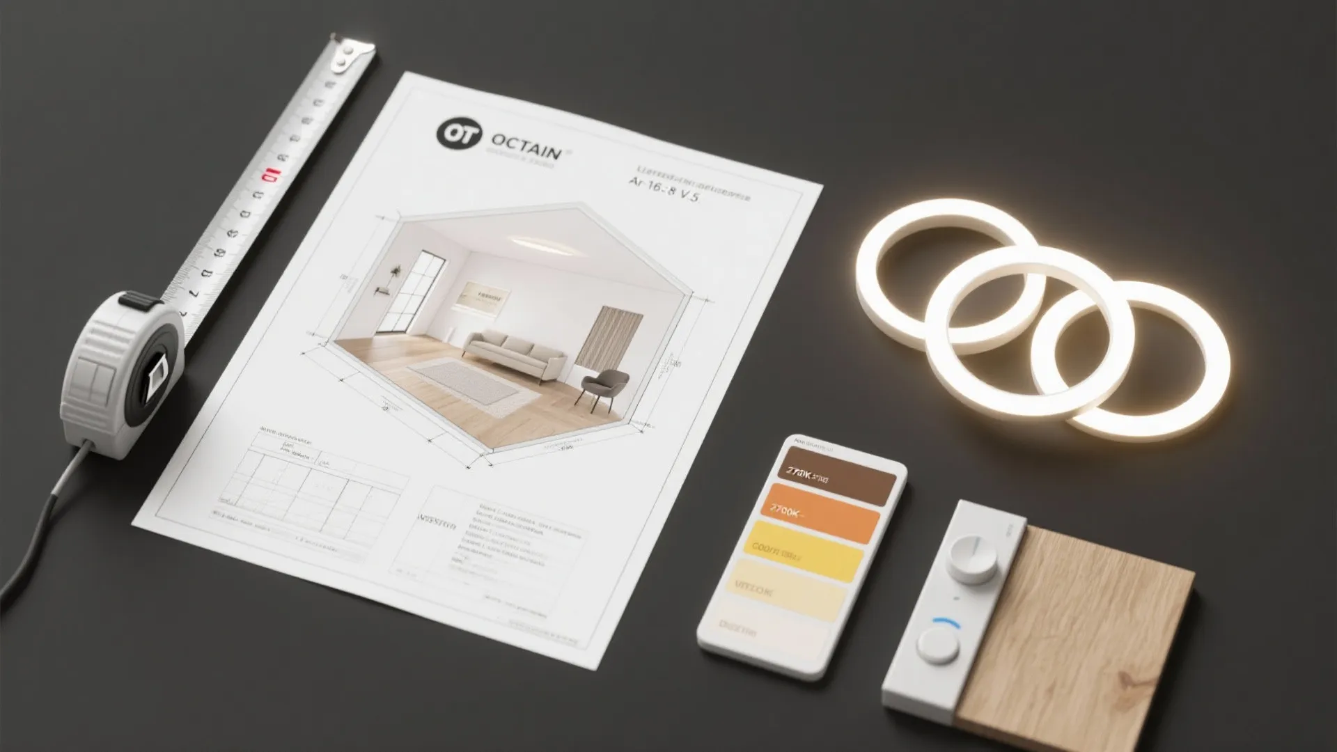 Flatlay of room planner, tape measure, LED trim samples and dimmer for recessed lighting planning.