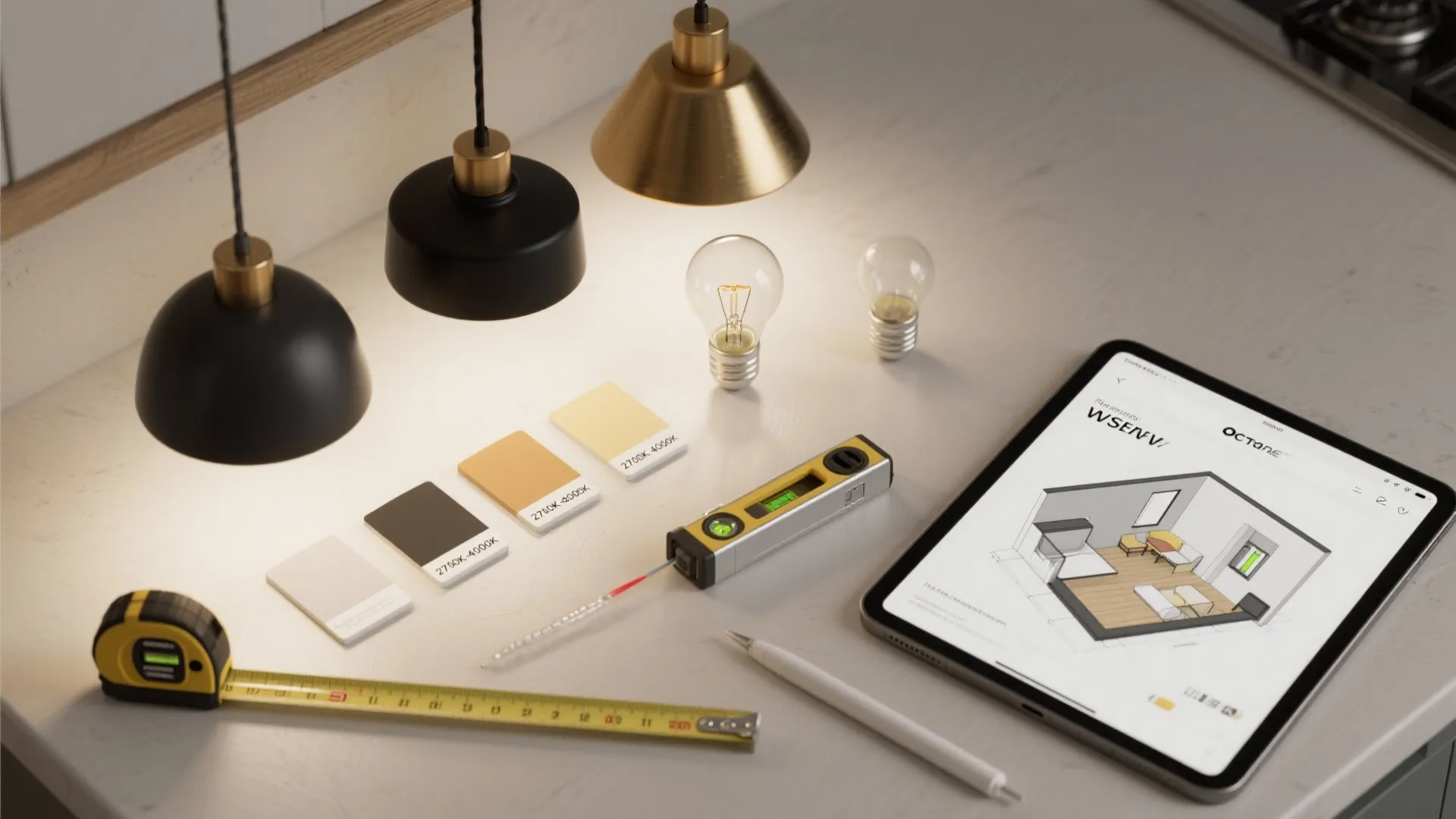 Flatlay of pendant samples, bulb temperature swatches, laser level and a 3D floorplan for planning tiny kitchen lighting.