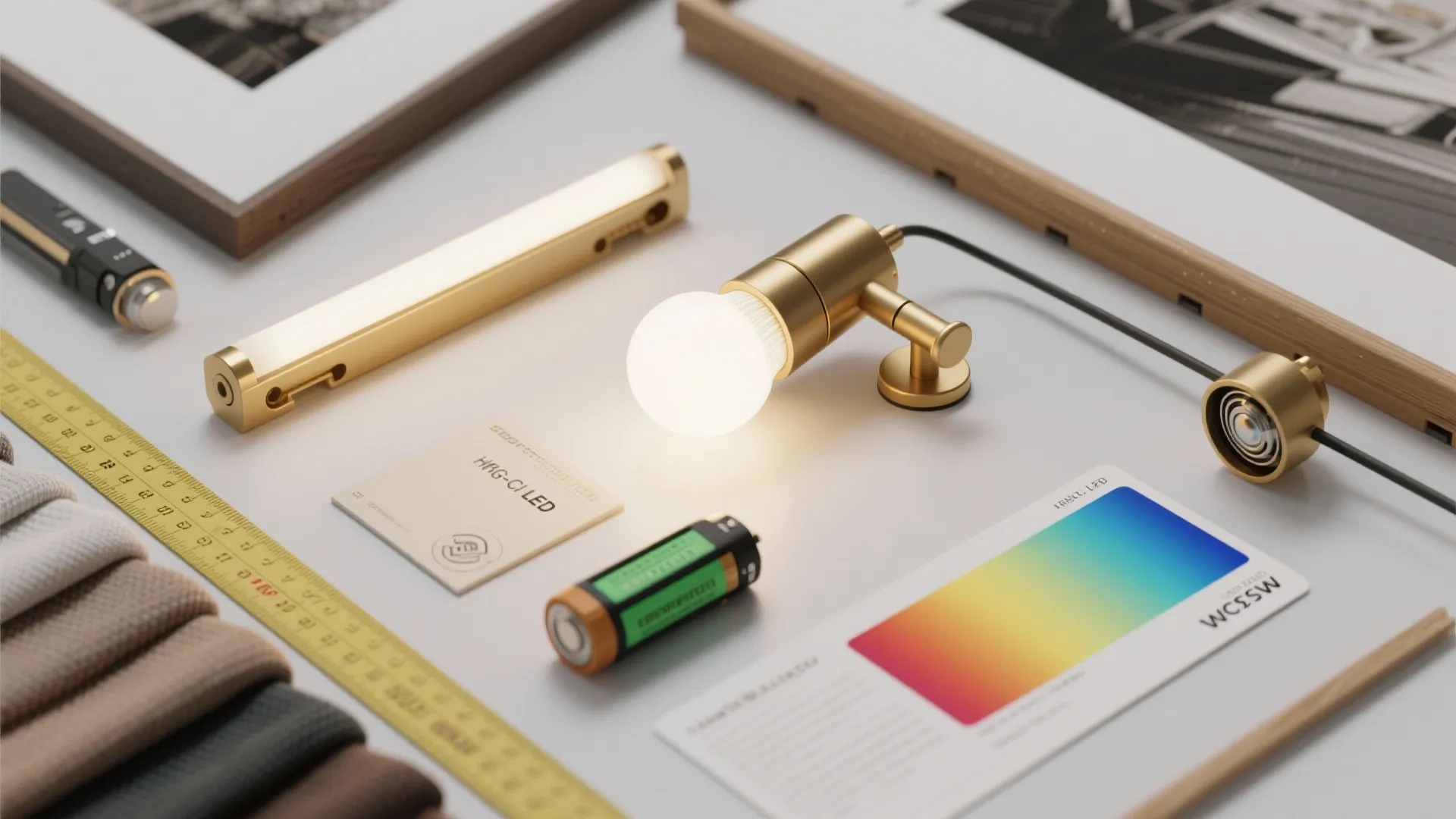 Interior design tools including brass light fixtures battery color palette and ruler on white surface