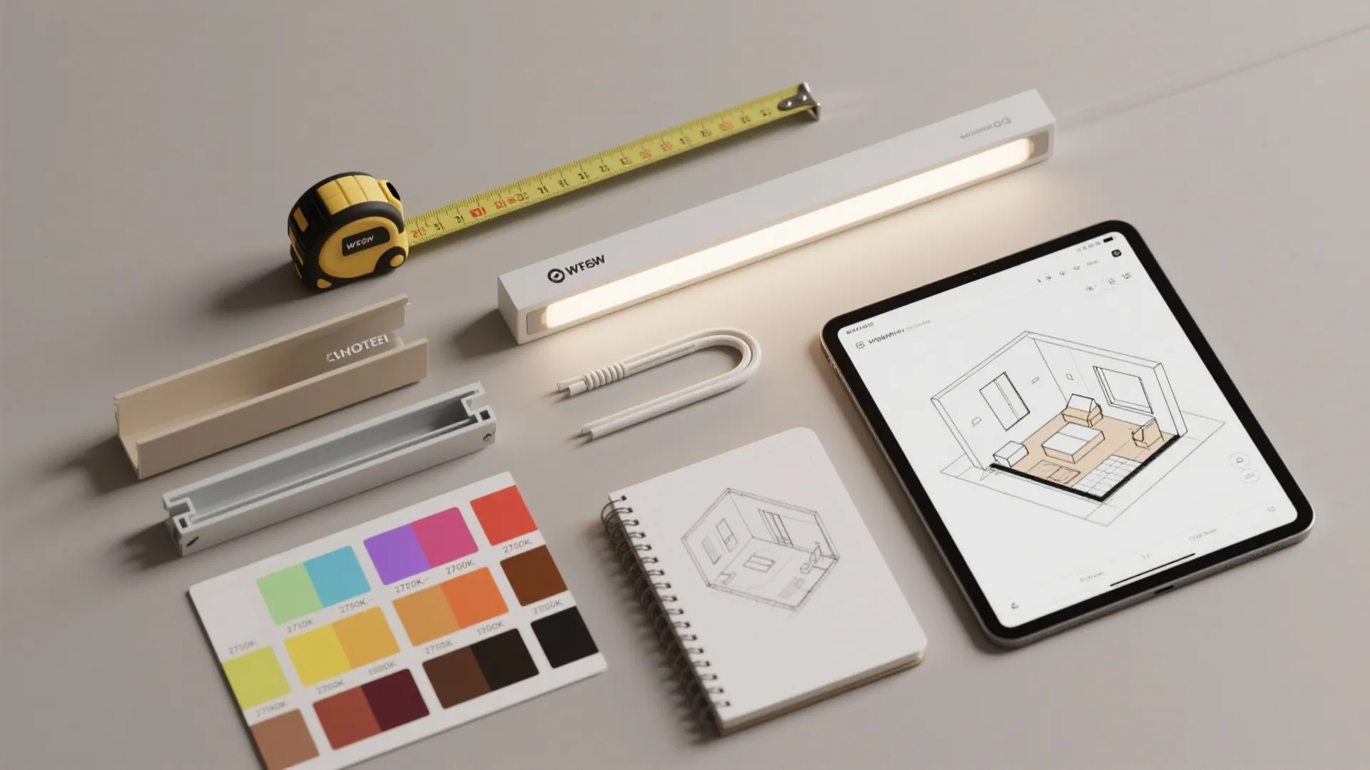 Interior design tools including light fixture tape measure color palette notebook and tablet showing room layout