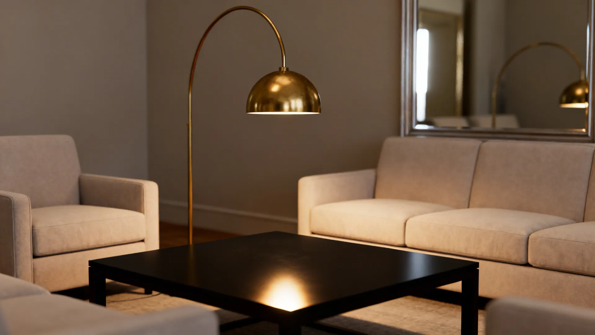 Brass arc floor lamp illuminating a black coffee table to create a floating effect