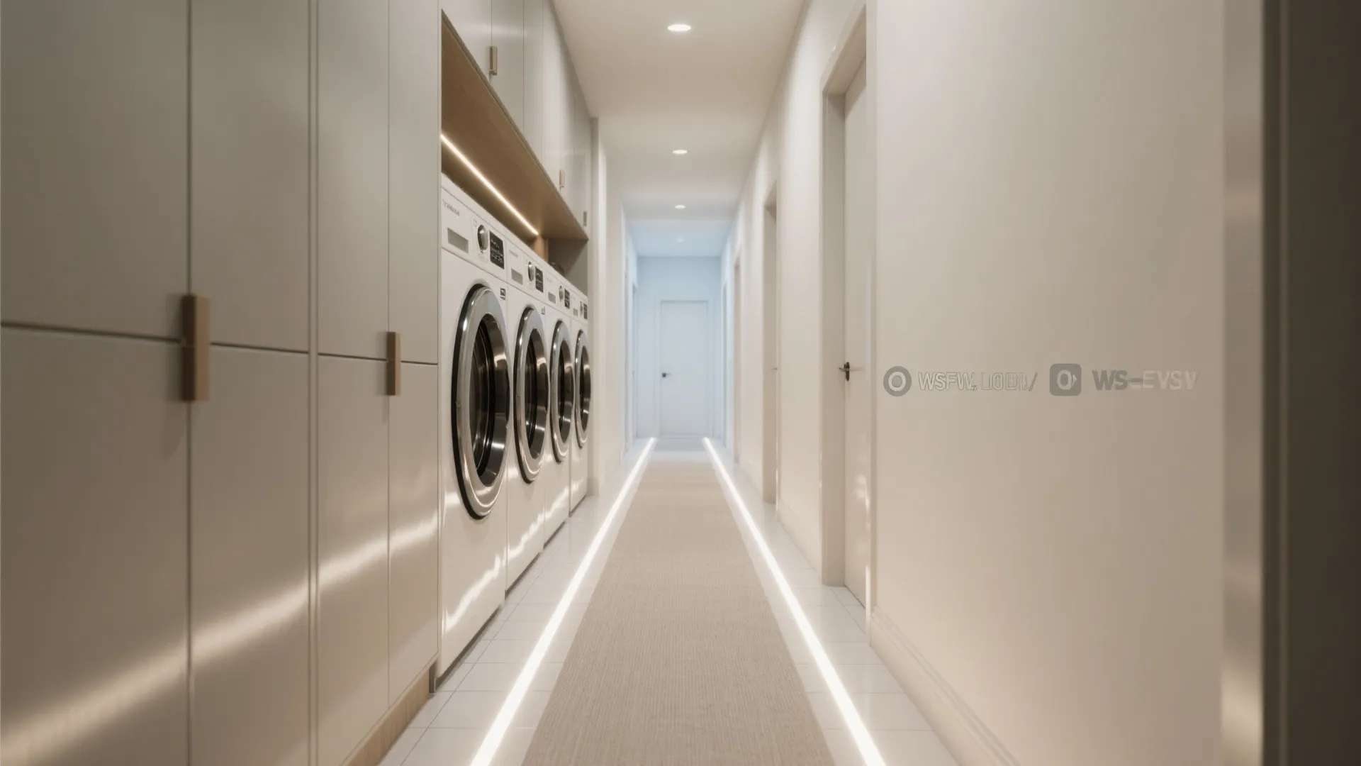 Long narrow laundry hallway with row of white washing machines hidden cabinets and floor lighting