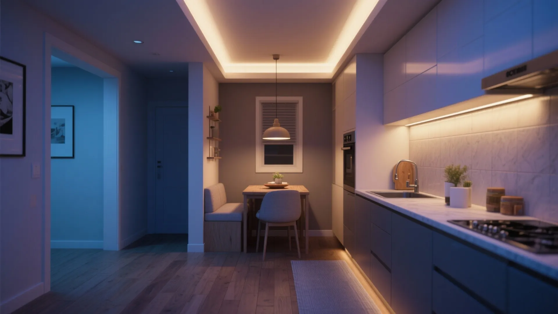 5. Zoning with smart lighting and flooring transitions