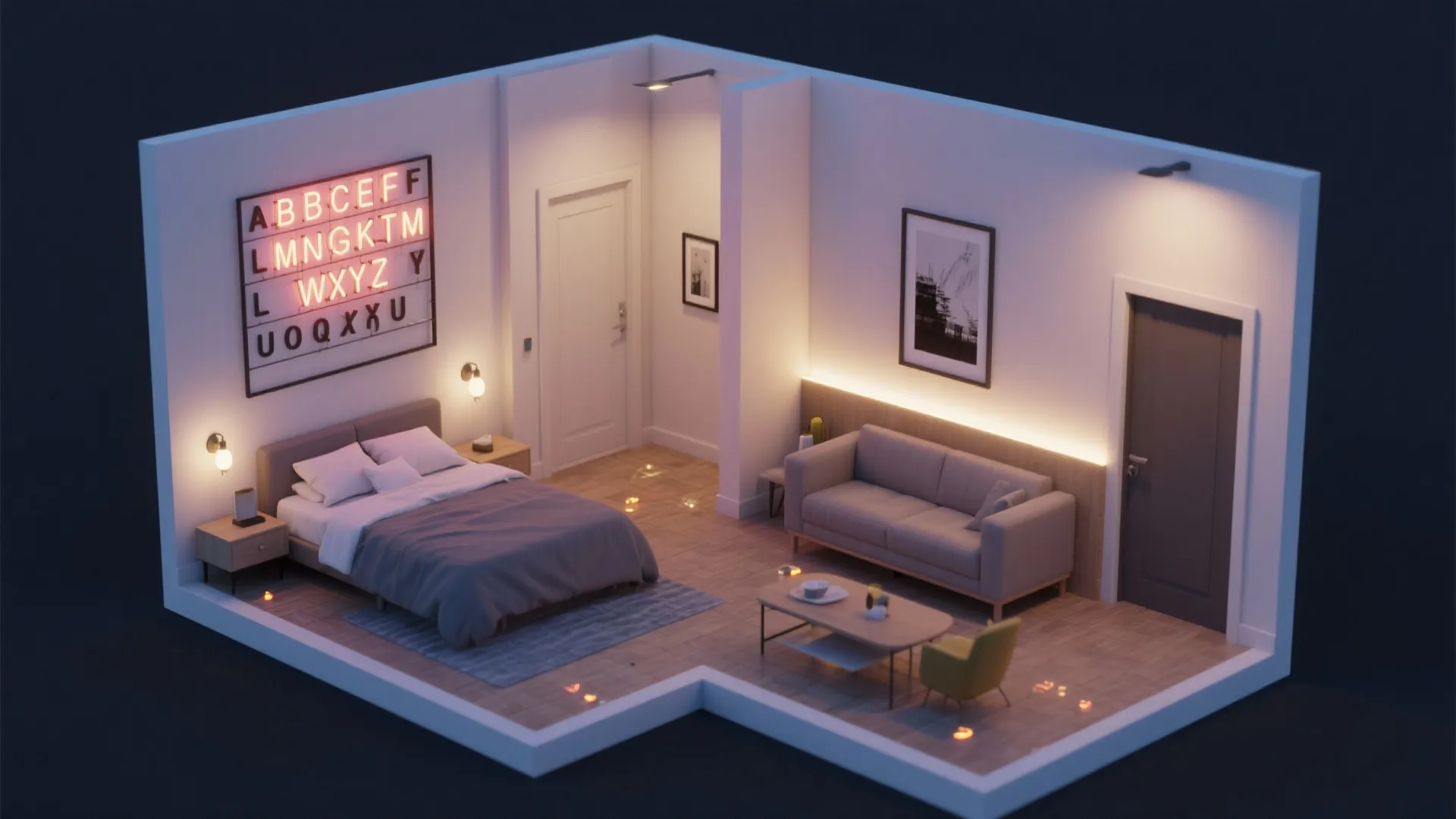 Isometric view of a modern studio apartment with cozy bed sofa coffee table and warm lighting
