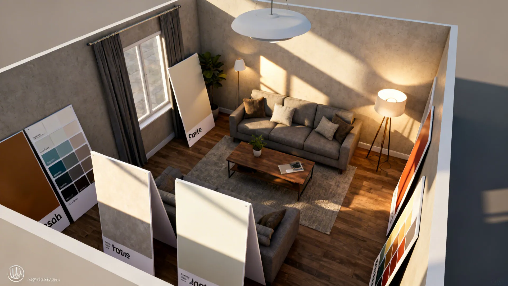 Top-down 3D floorplan showing layered lighting and movable paint sample boards.