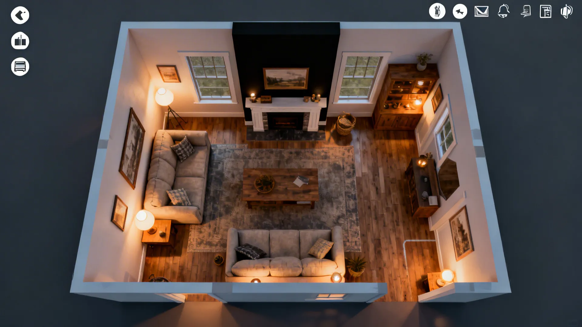 Top-down lighting and floor plan sketch showing layered ambient, task, and accent lighting for a small living room