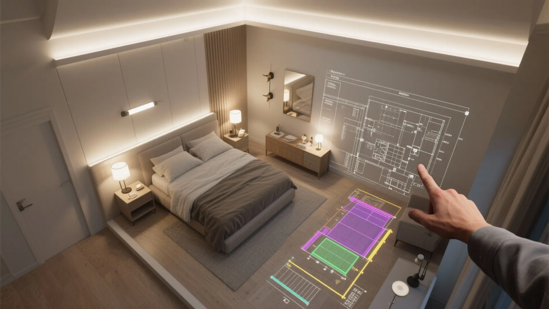 Modern bedroom with a bed and hand pointing at digital interior design drawing floor plan