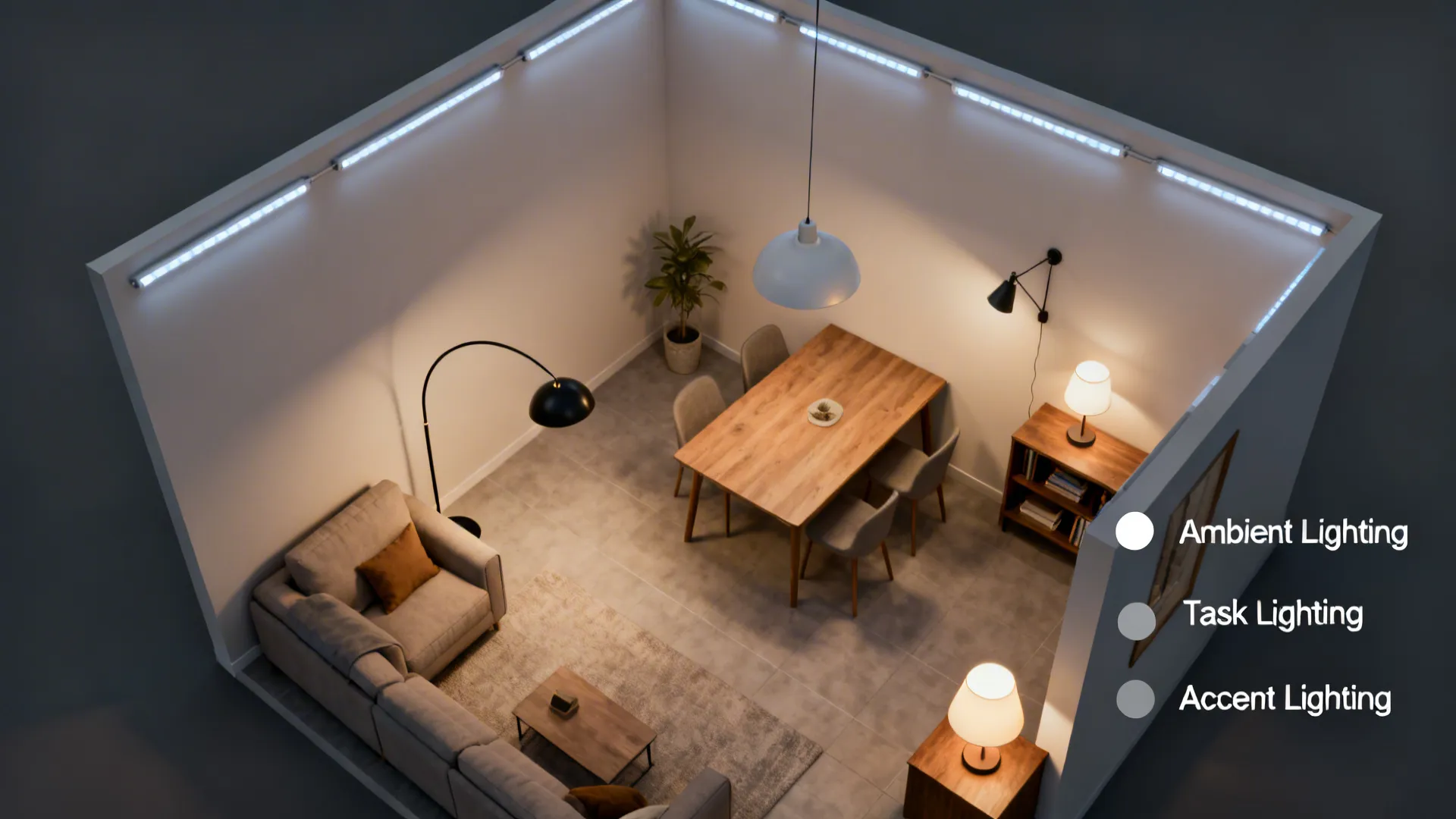 Top-down floorplan illustrating layered lighting placements in a small living room