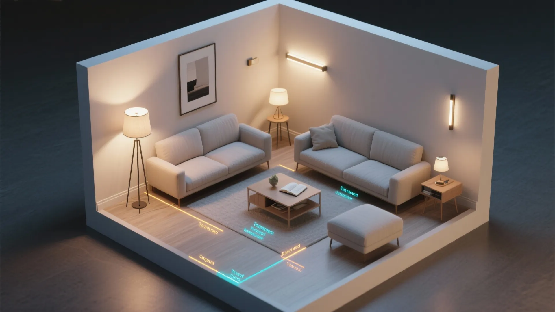 Interior design drawing showing living room layout with two sofas coffee table and various light fixtures