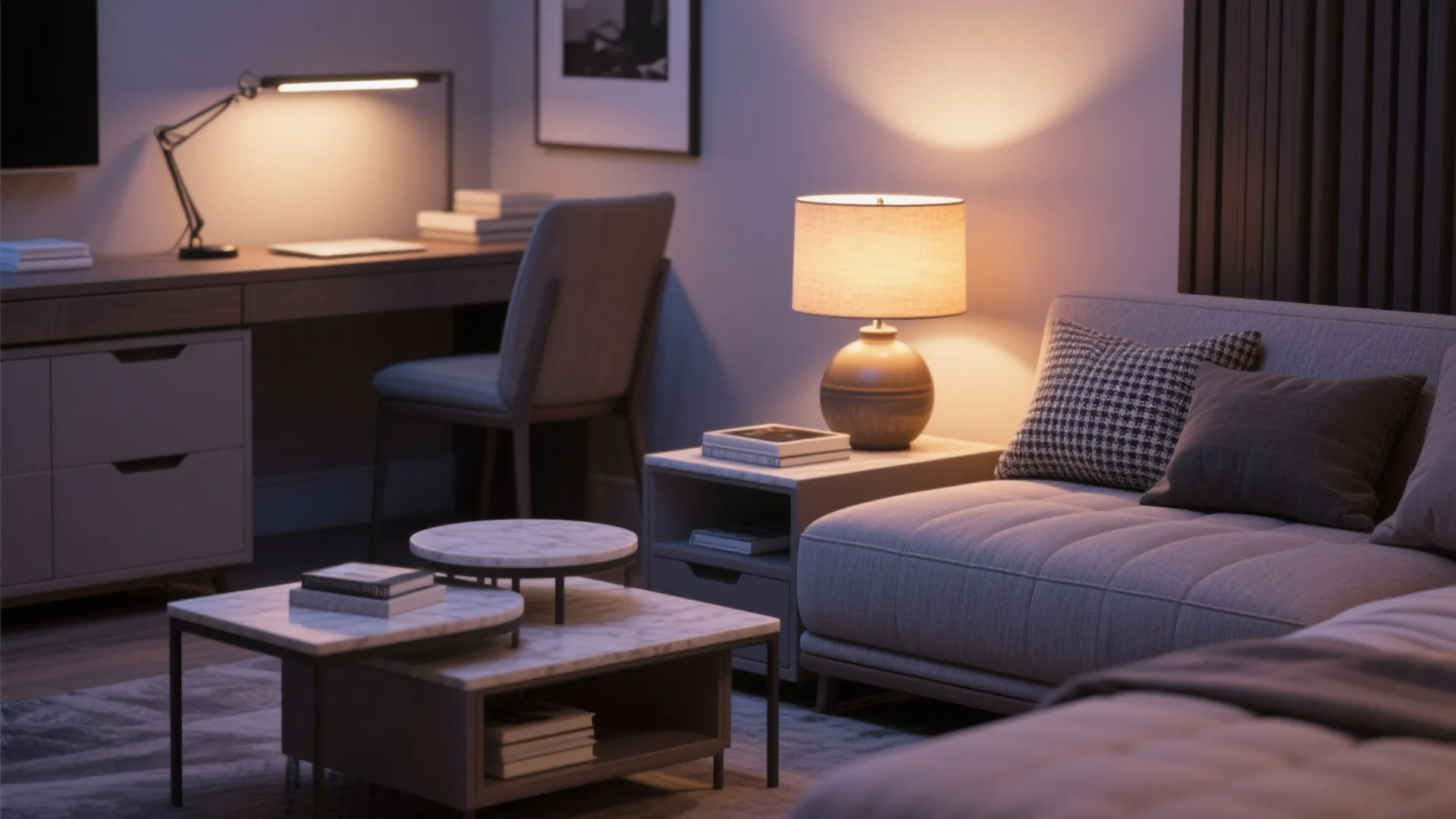 Modern living room with grey sofa marble coffee tables and desk area with warm light