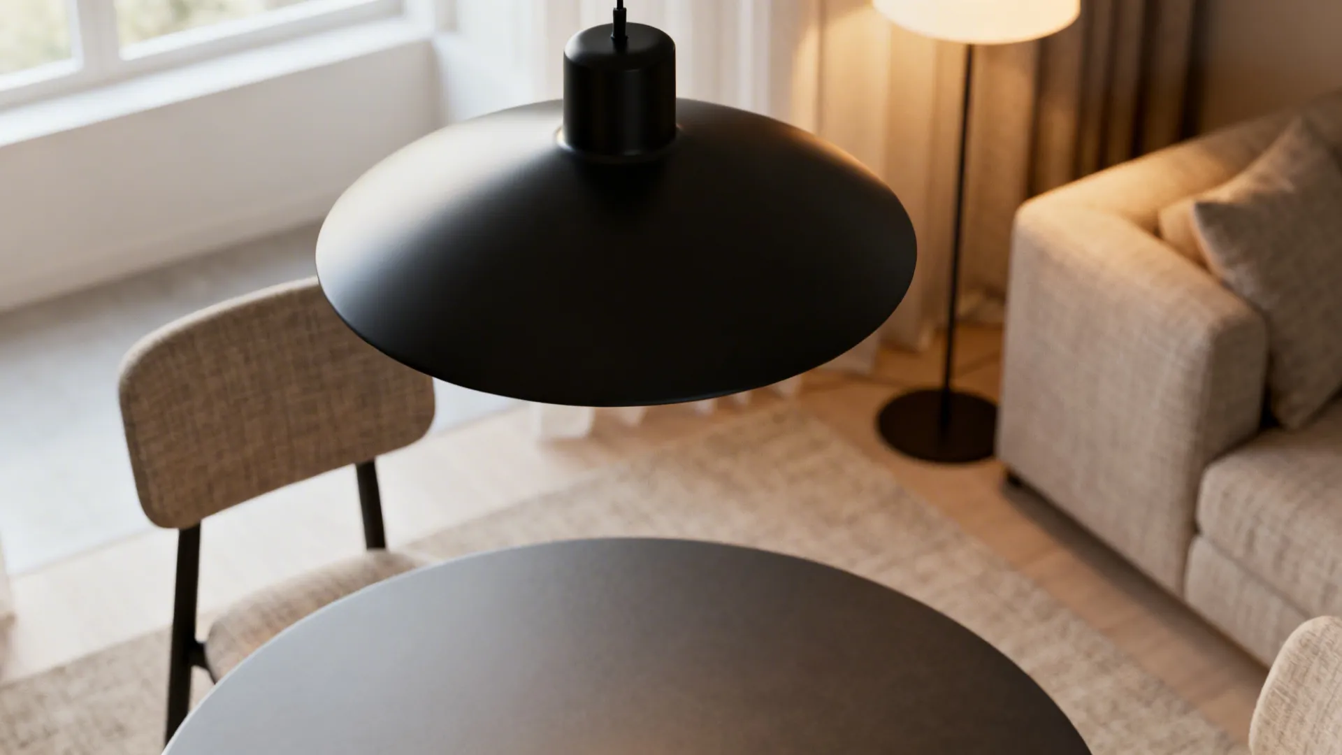 Black ceiling light hanging over a round dining table with a beige sofa in background