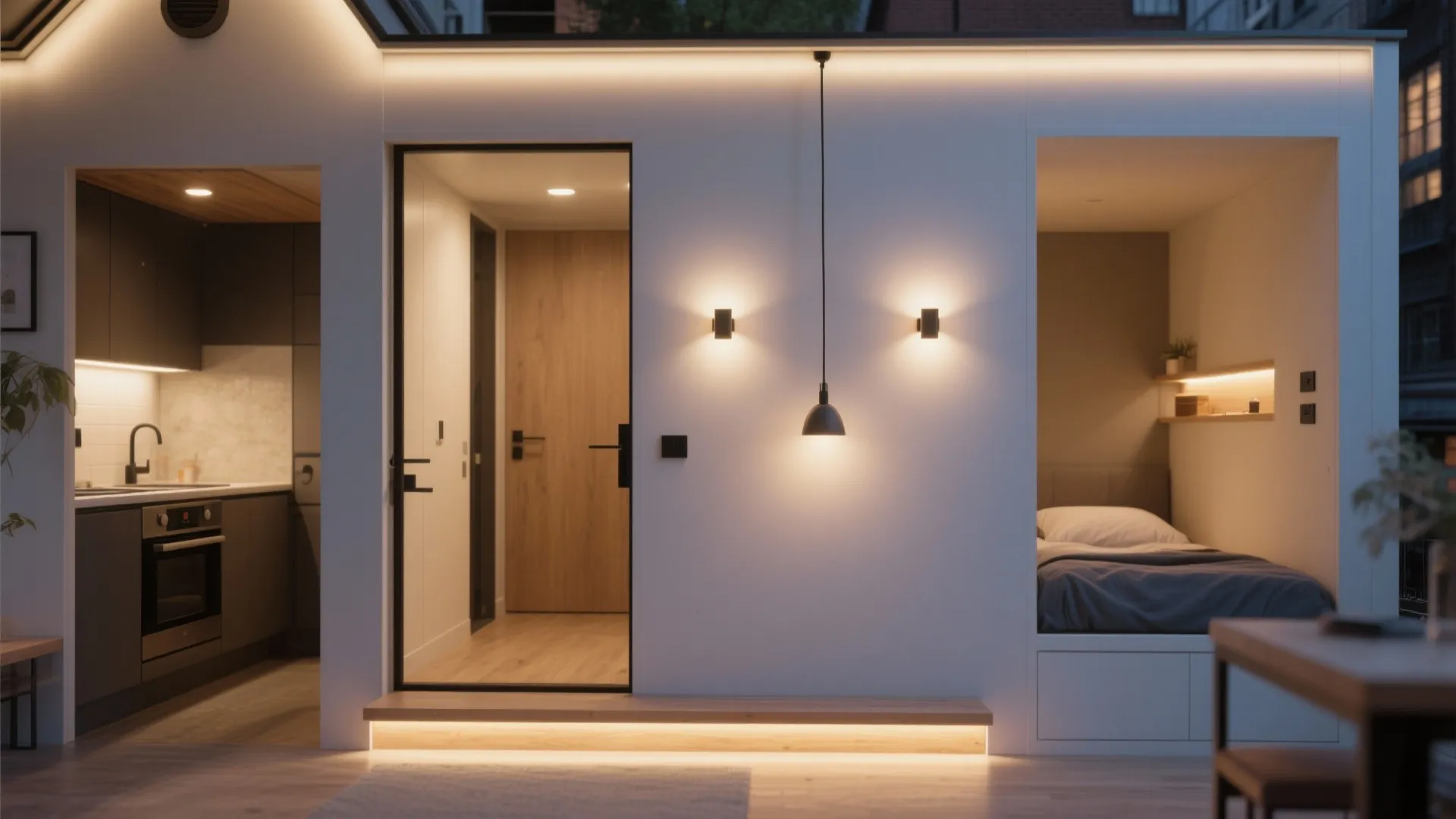 Wayfinding pendants and sconce “gateways” at transitions