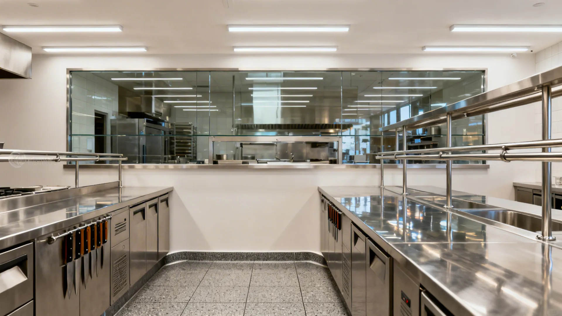Small kitchen with bright LED task lighting and a reflective glass splashback over stainless counters.