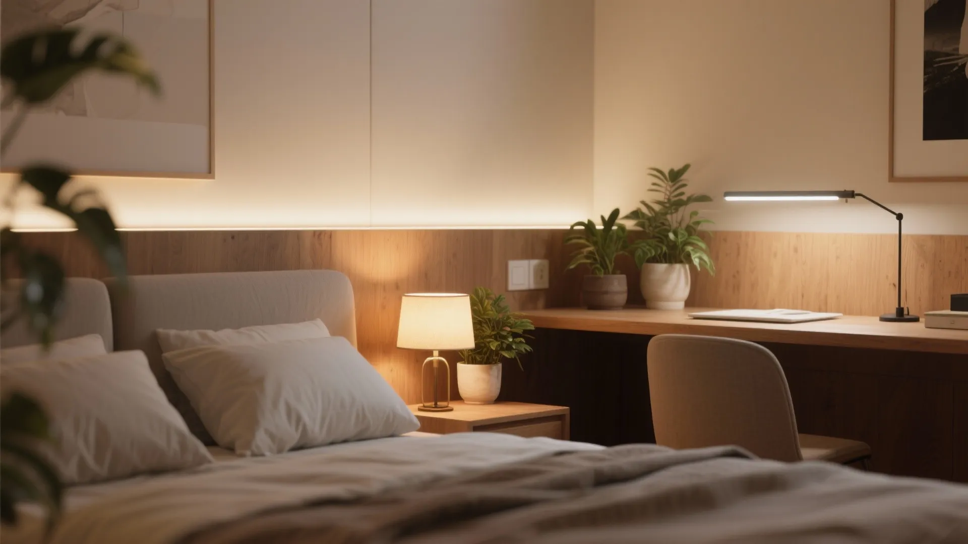 Modern bedroom featuring a cozy bed desk light plants and warm wall paneling light design