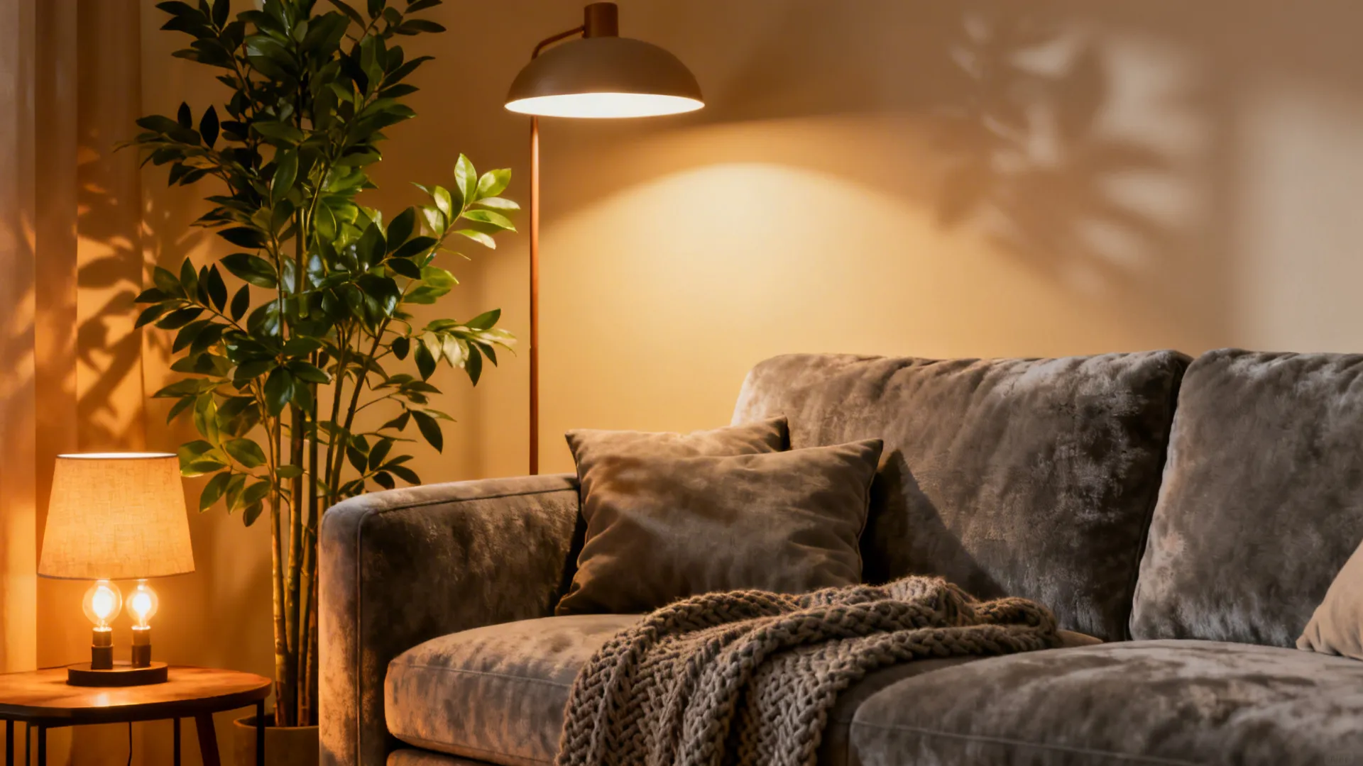 Grey sofa area with layered warm lighting and tall plants creating a cozy atmosphere.