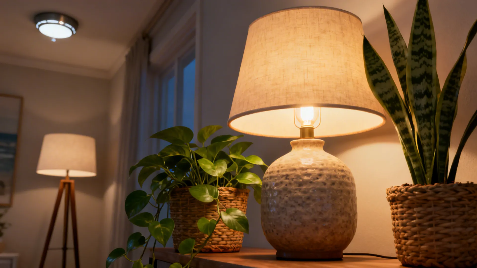 Layered warm lighting with table and floor lamps, plus pothos and snake plant in woven planters.