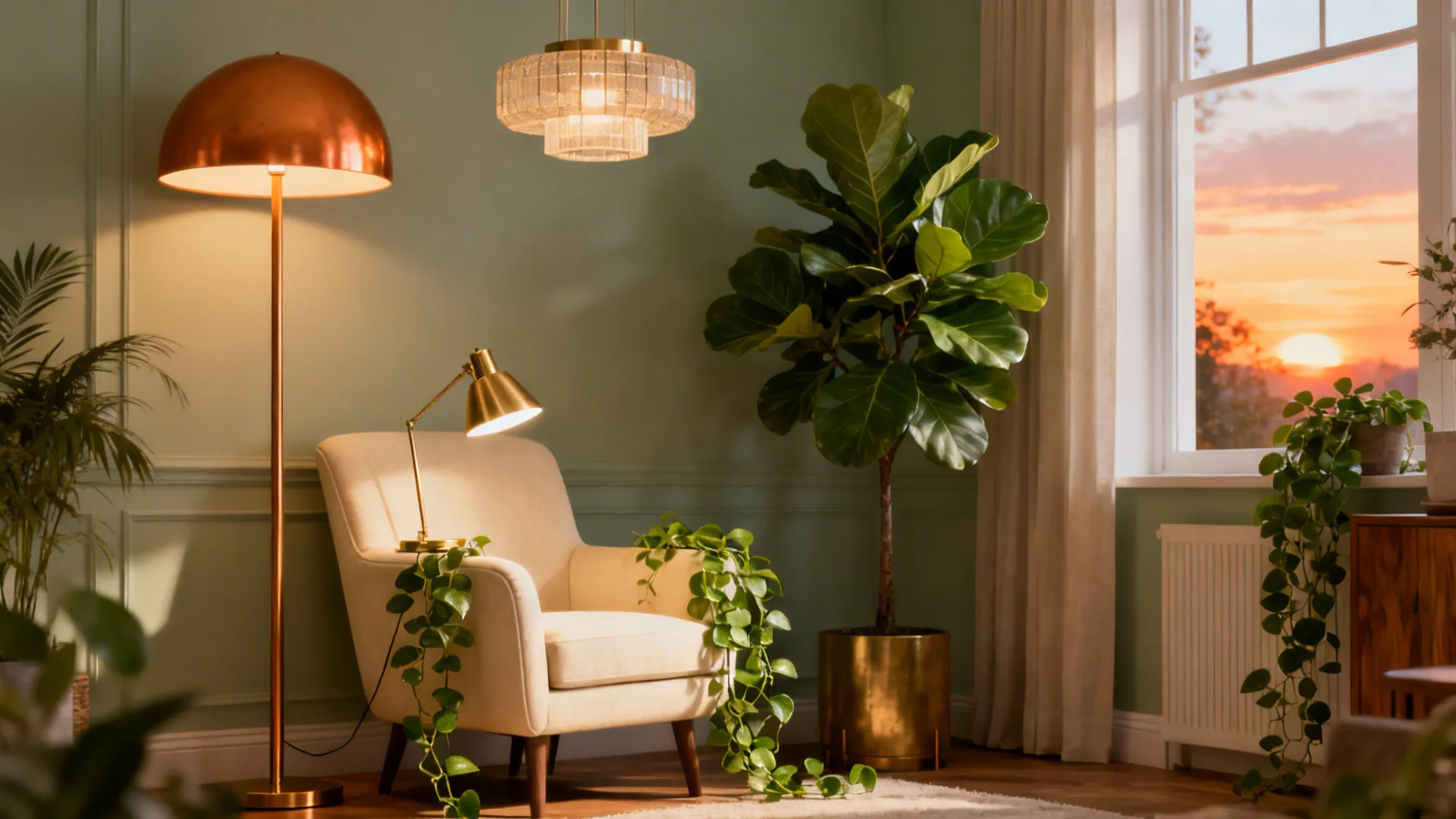 Living room with layered warm lighting and houseplants like fiddle leaf fig and pothos in a sage-and-cream scheme.