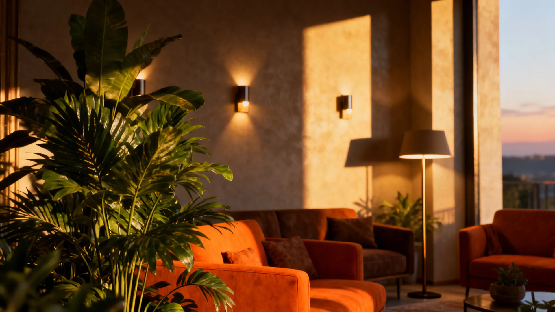 Living room with warm accent lighting and deep-green plants contrasting orange and brown decor