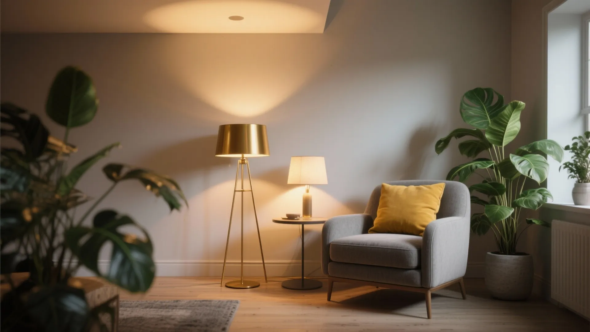 Cozy living room corner with grey armchair yellow pillow gold floor lamp and green potted plants