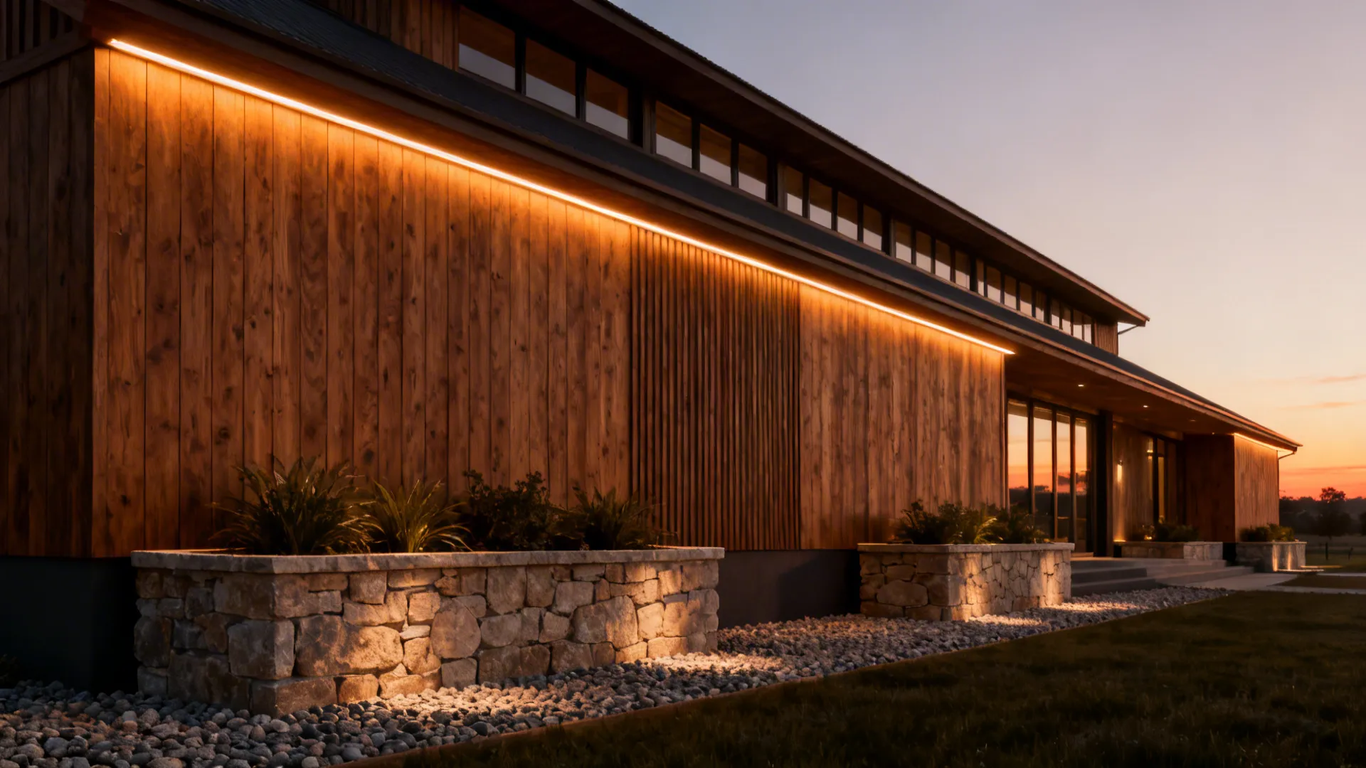 Ranch home with linear warm lighting, raised planters, and a gravel band at dusk.