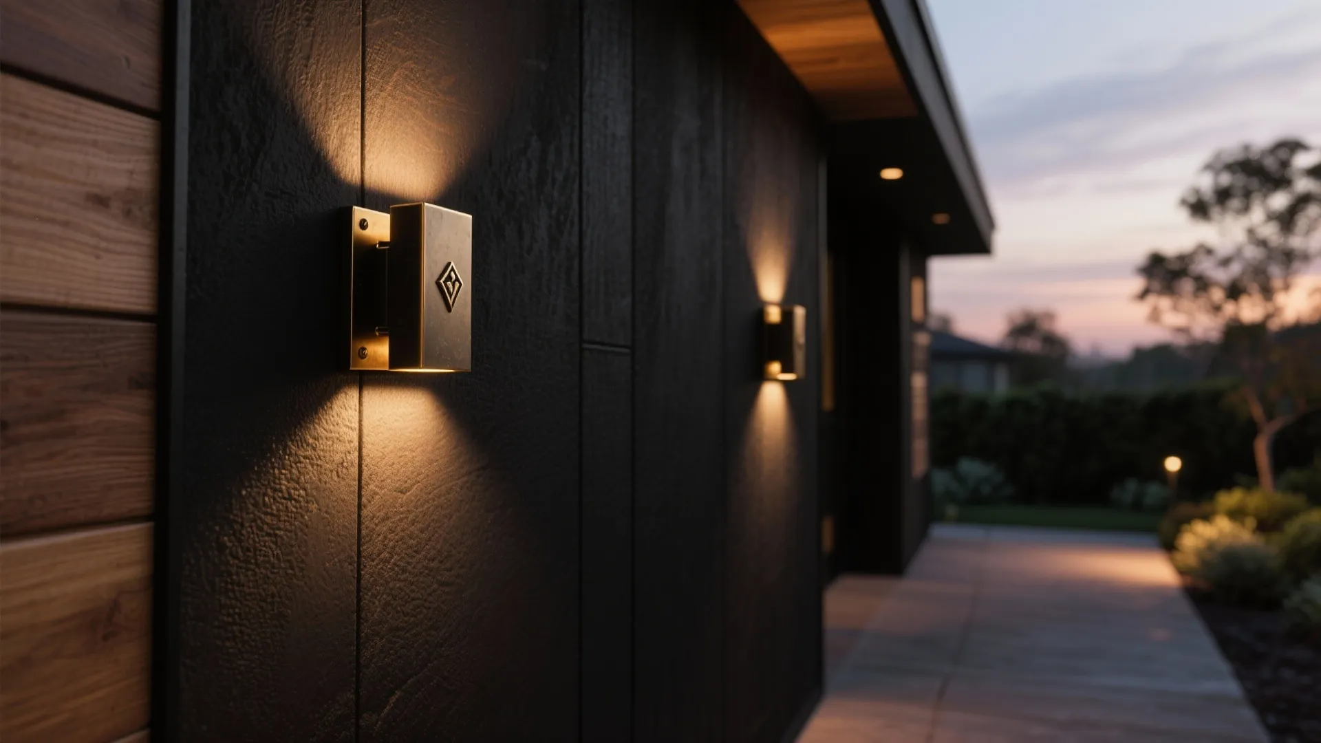 Golden wall light fixtures on a black wood wall illuminating a walkway during the evening