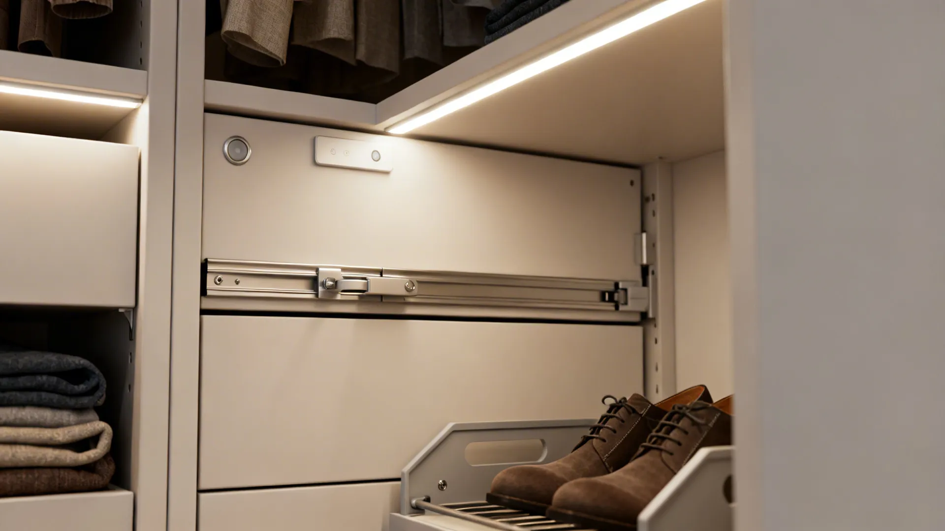 Detail of LED strip lighting, motion sensor downlight and slim drawer hardware for a compact closet.
