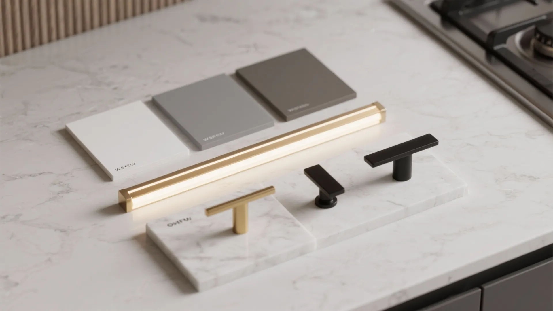 Flatlay of warm LED strips, brass and black handles, paint swatches and white quartz sample.