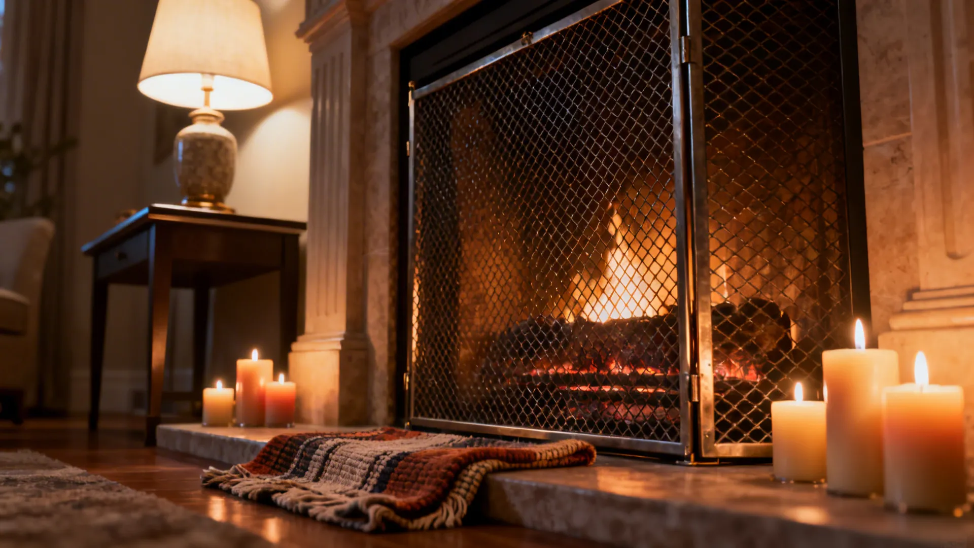 Layered lighting near a fireplace with a protective hearth screen and heat-safe accessories in close-up.