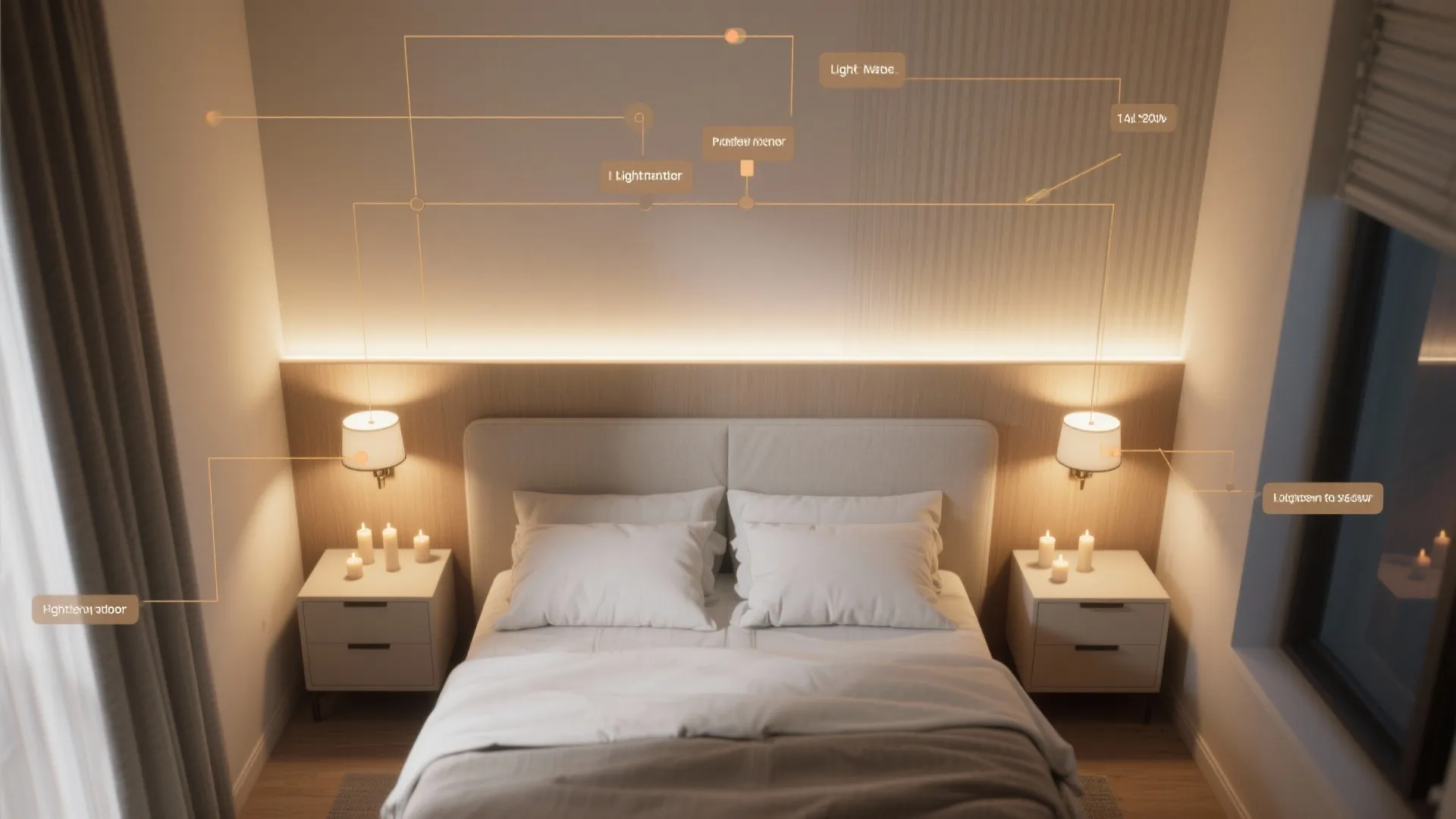 Interior design drawing showing bedroom light fixture placement with labels for wall lights and hidden strips