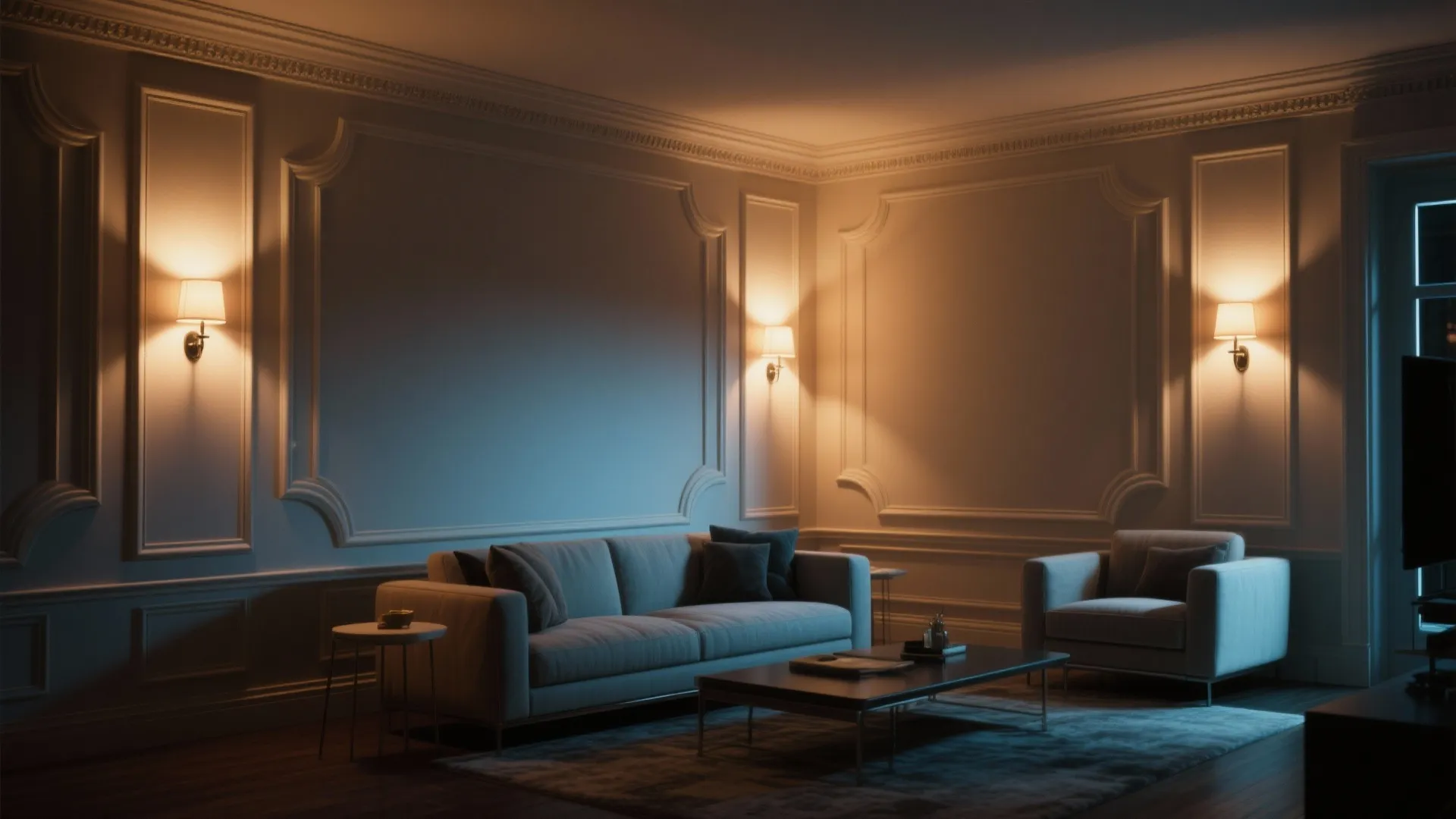 Elegant living room featuring a grey sofa coffee table wall panels and warm wall lights