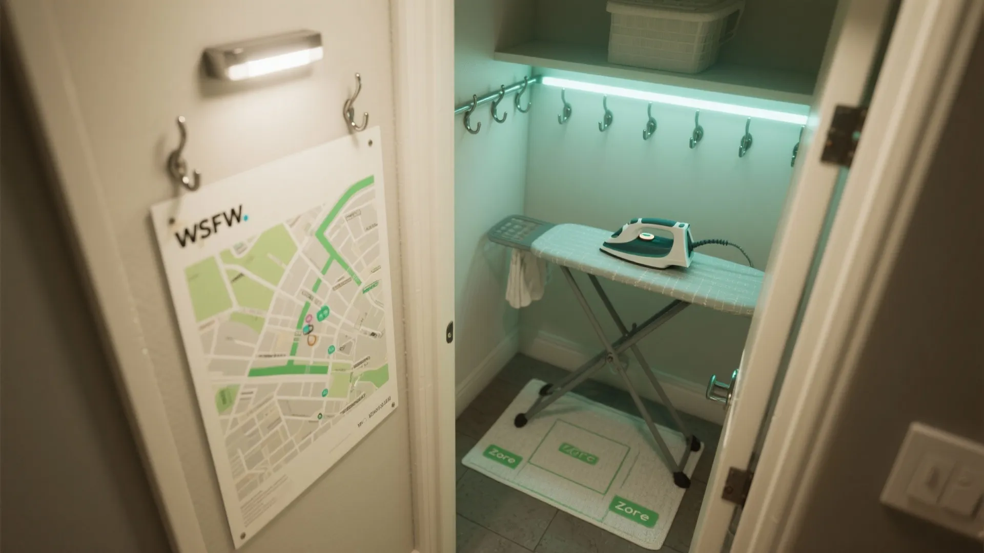 Top-down planning view with a laminated visual map, motion-sensor LED strip and hooks for an ironing board.