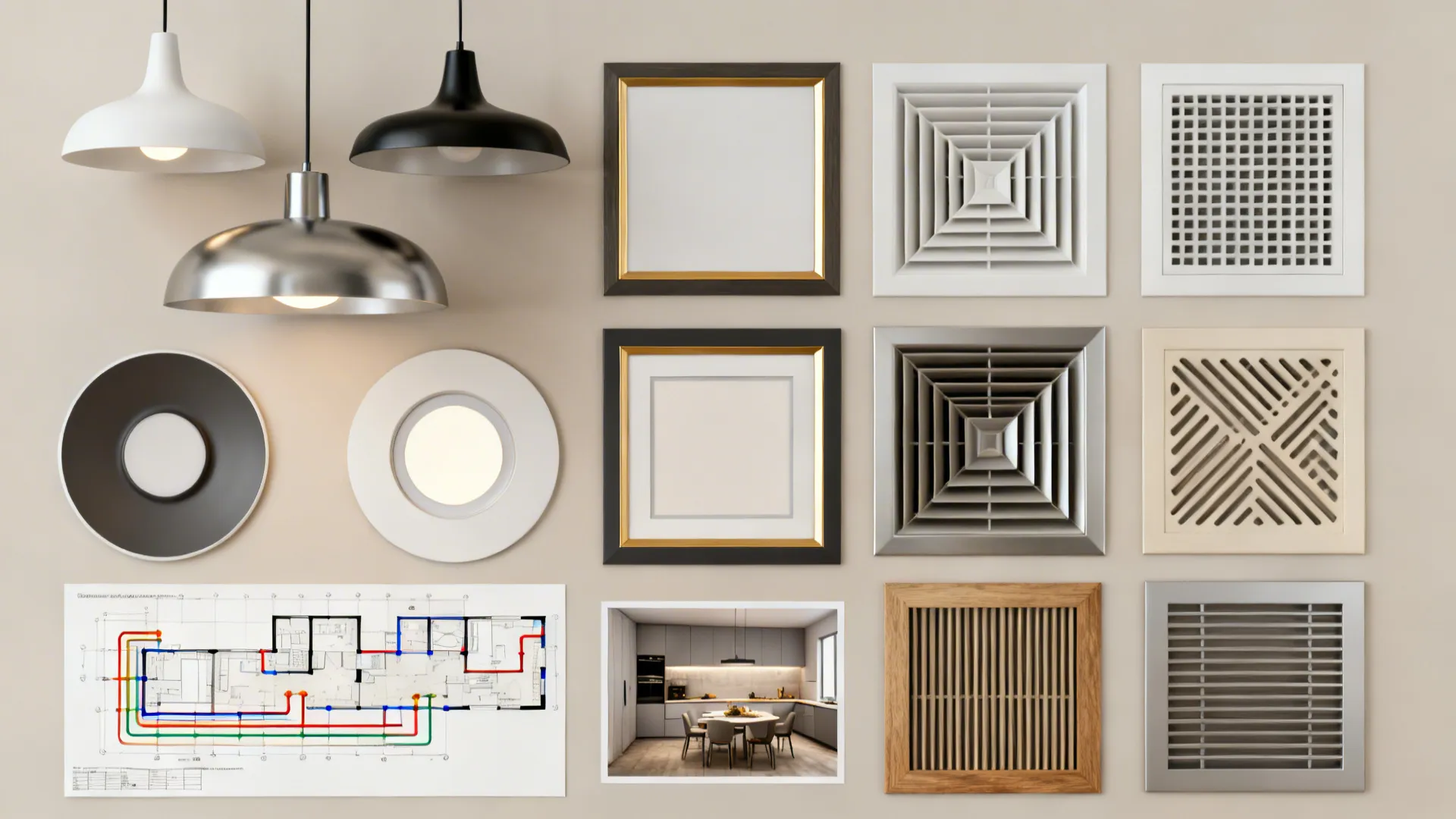 Wall display with ceiling lights, vents, empty frames, a kitchen photo, and floor plan drawing
