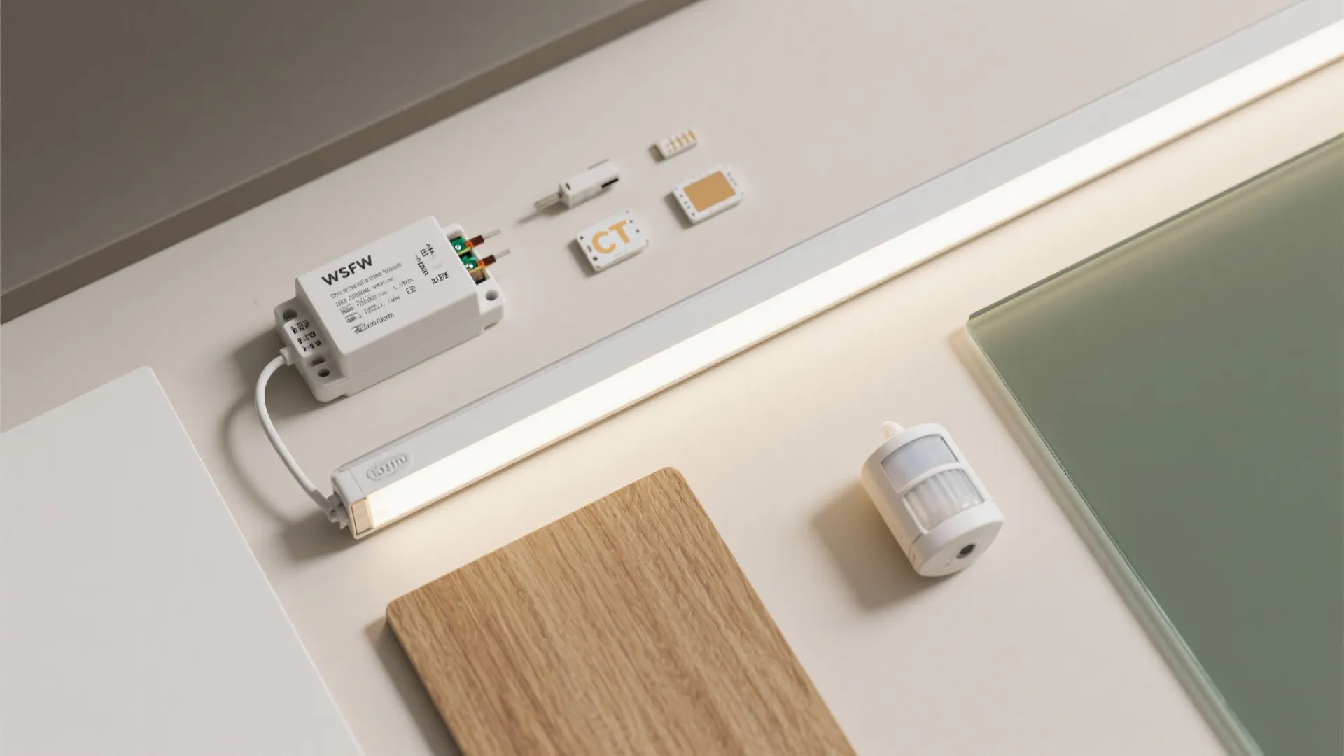 Flatlay of LED strips, driver, sensor, and finish samples for a layered lighting plan.