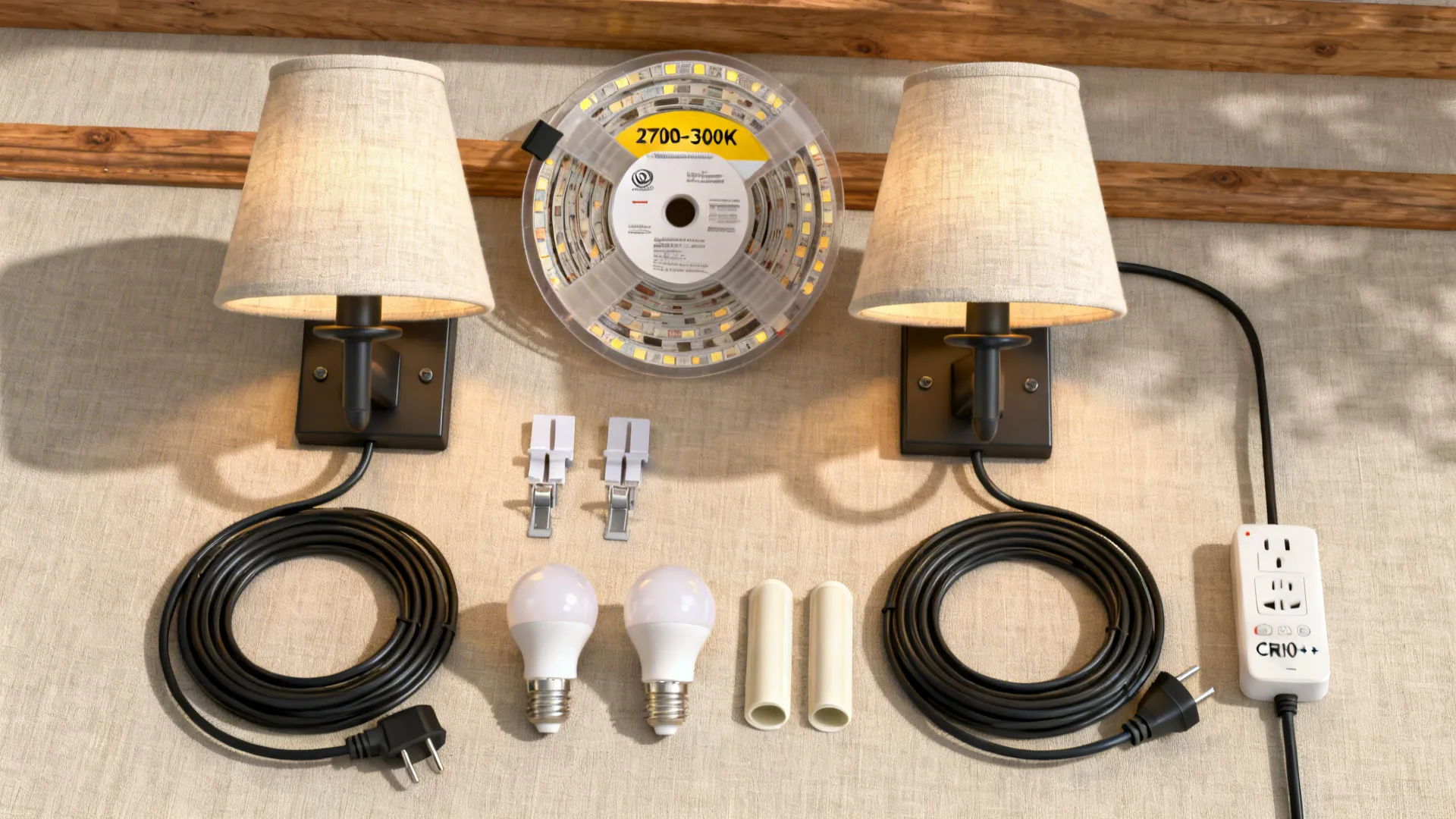 Top-down arrangement of plug-in sconces, LED strip, cord covers, and timer plug.