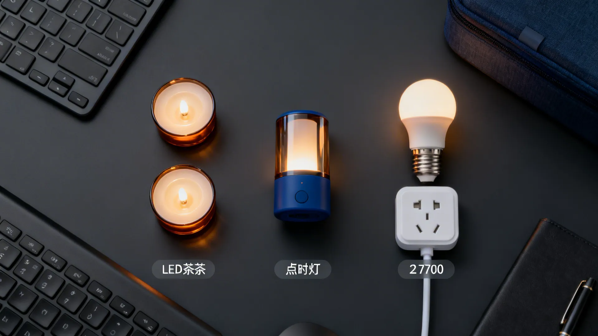 Top-down view of a travel lighting kit with LED tea lights, a dim lamp, smart plug, and a warm bulb.