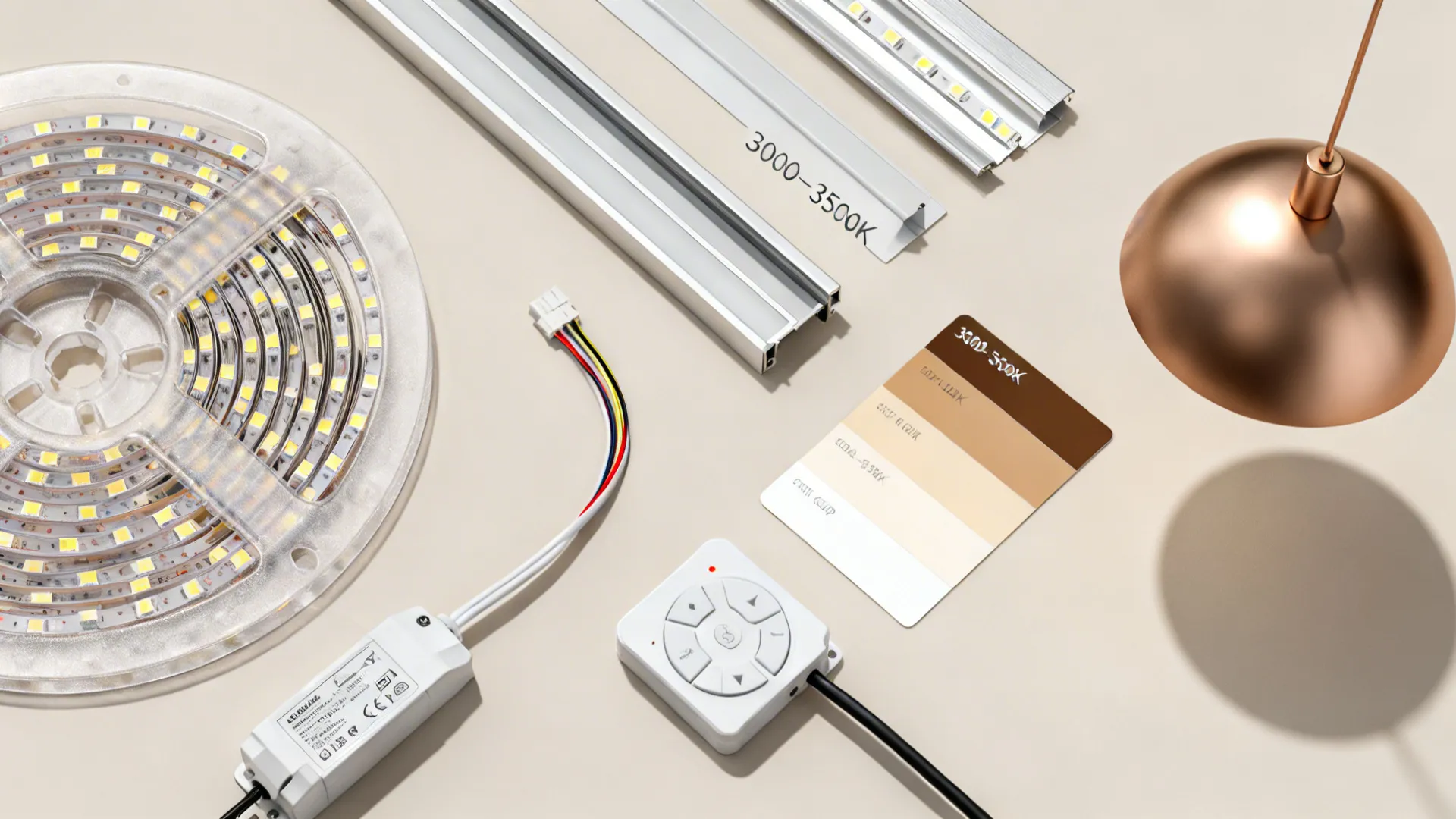 Flat lay of LED tape, aluminum channels, drivers, dimmer, and pendant finish samples for kitchen lighting.